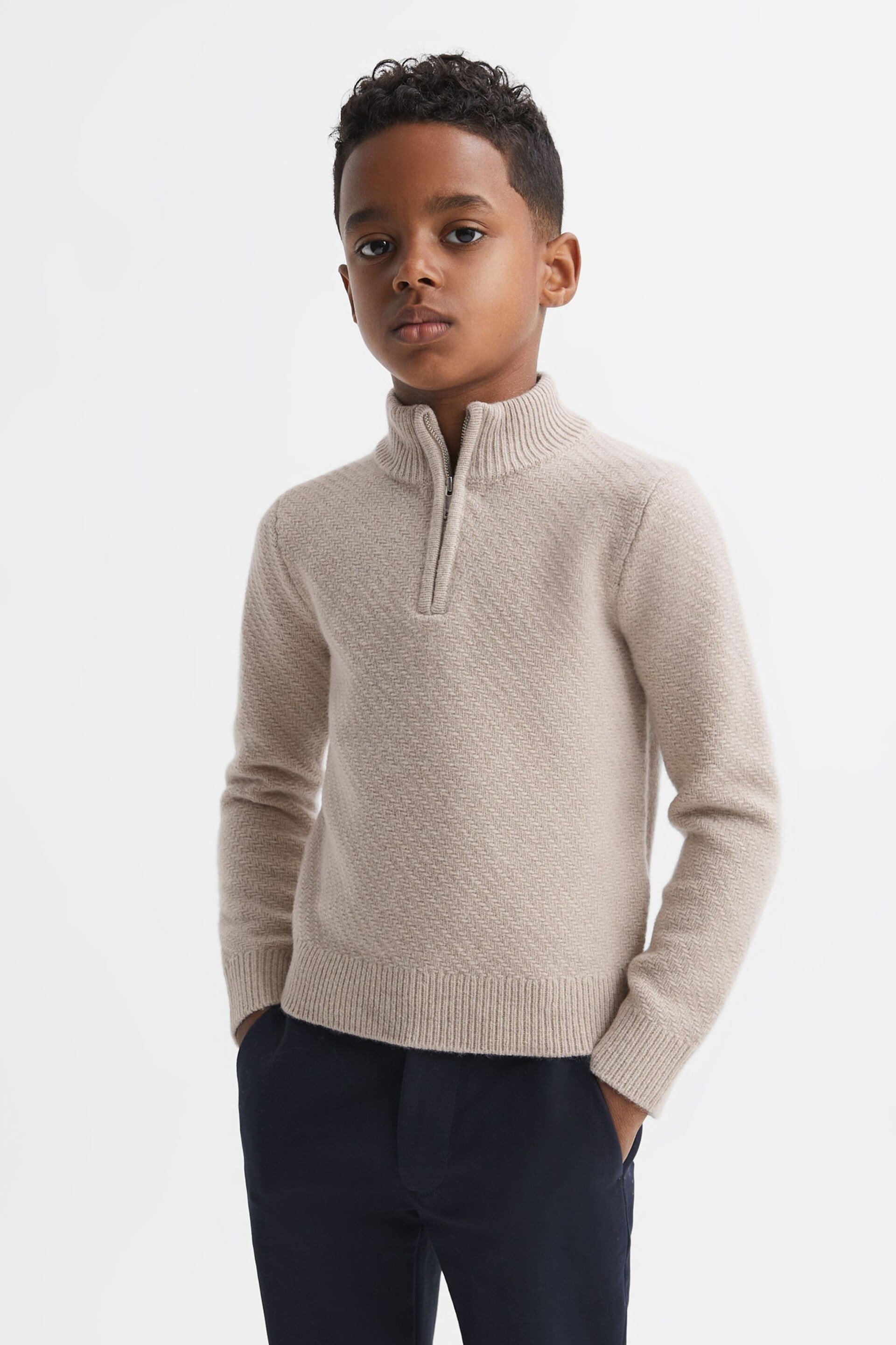 Reiss Oatmeal Melange Tempo Junior Slim Fit Knitted Half-Zip Funnel Neck Jumper - Image 3 of 6