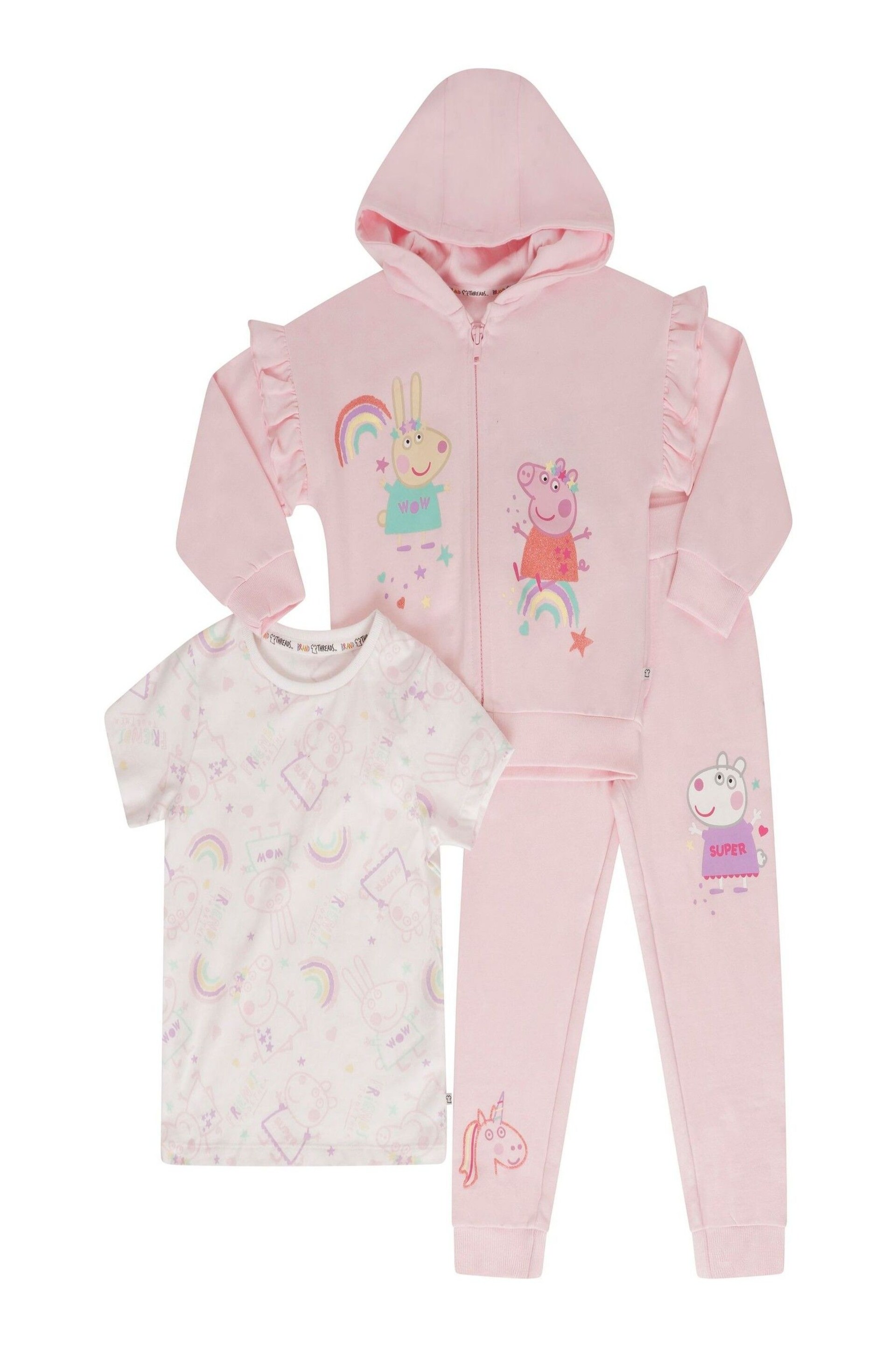 Brand Threads Pink Peppa Pig Three Girls Loungewear Jogger Set - Image 1 of 4