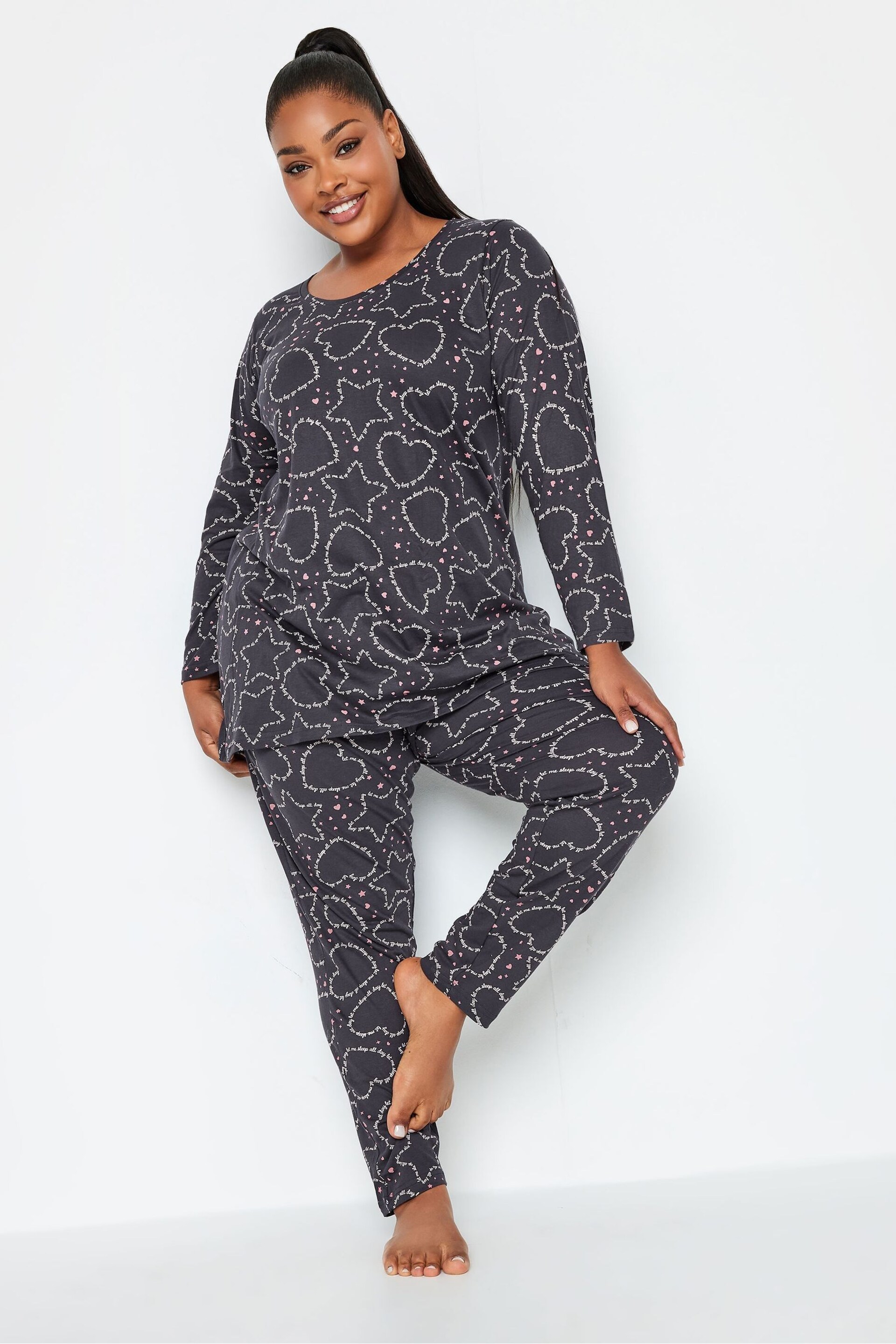 Yours Curve Grey Scripted Heart Star Tapered Pyjamas Set - Image 2 of 5