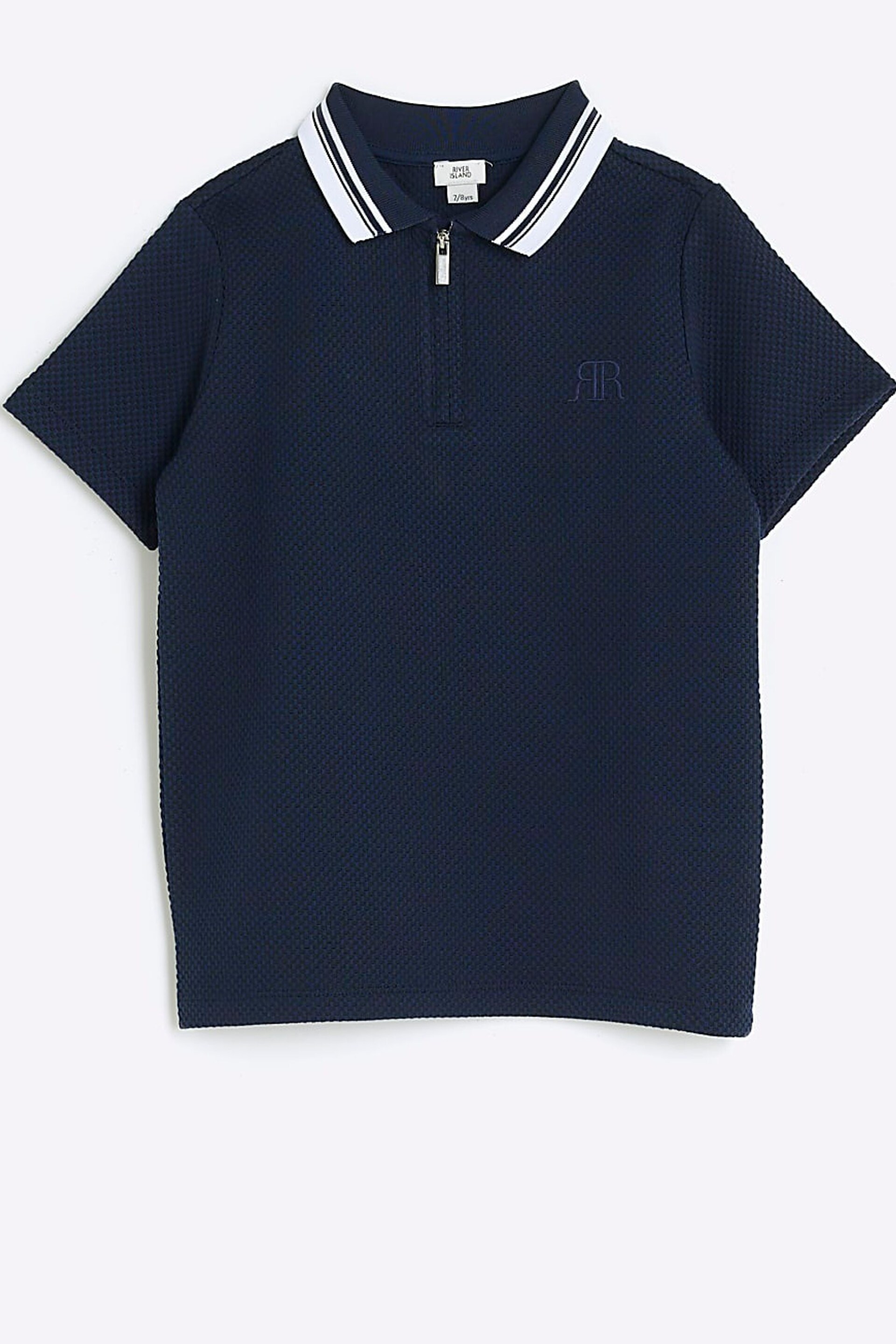 River Island Blue Boys Textured Tipped Polo Shirt - Image 1 of 4