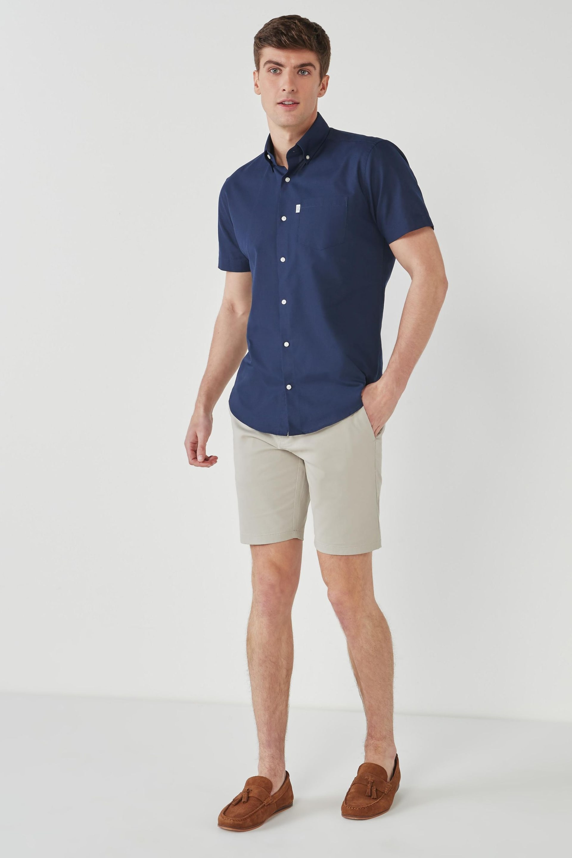 Navy Blue Easy Iron Button Down Short Sleeve Oxford Shirt - Image 3 of 7