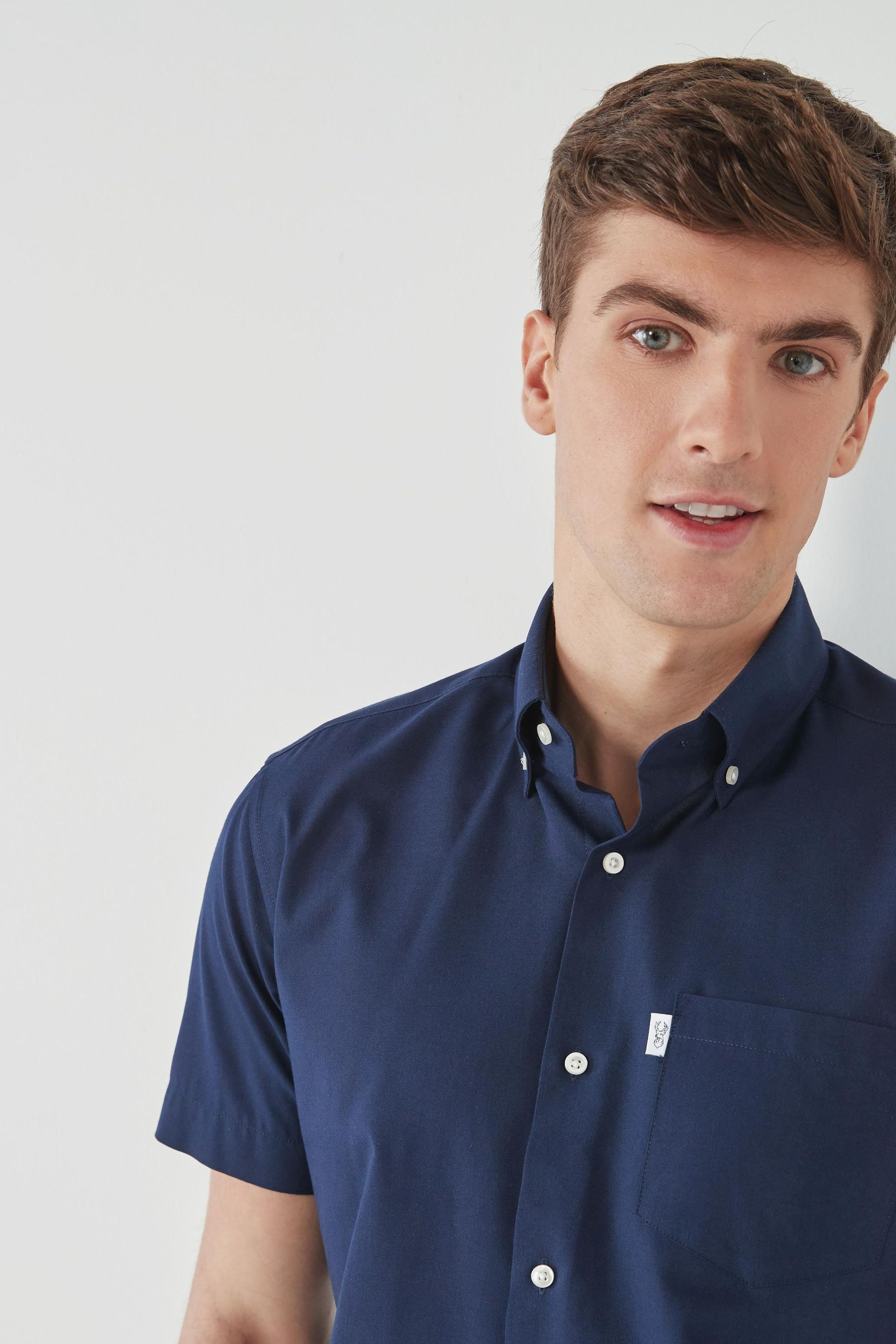 Navy Blue Easy Iron Button Down Short Sleeve Oxford Shirt - Image 4 of 7