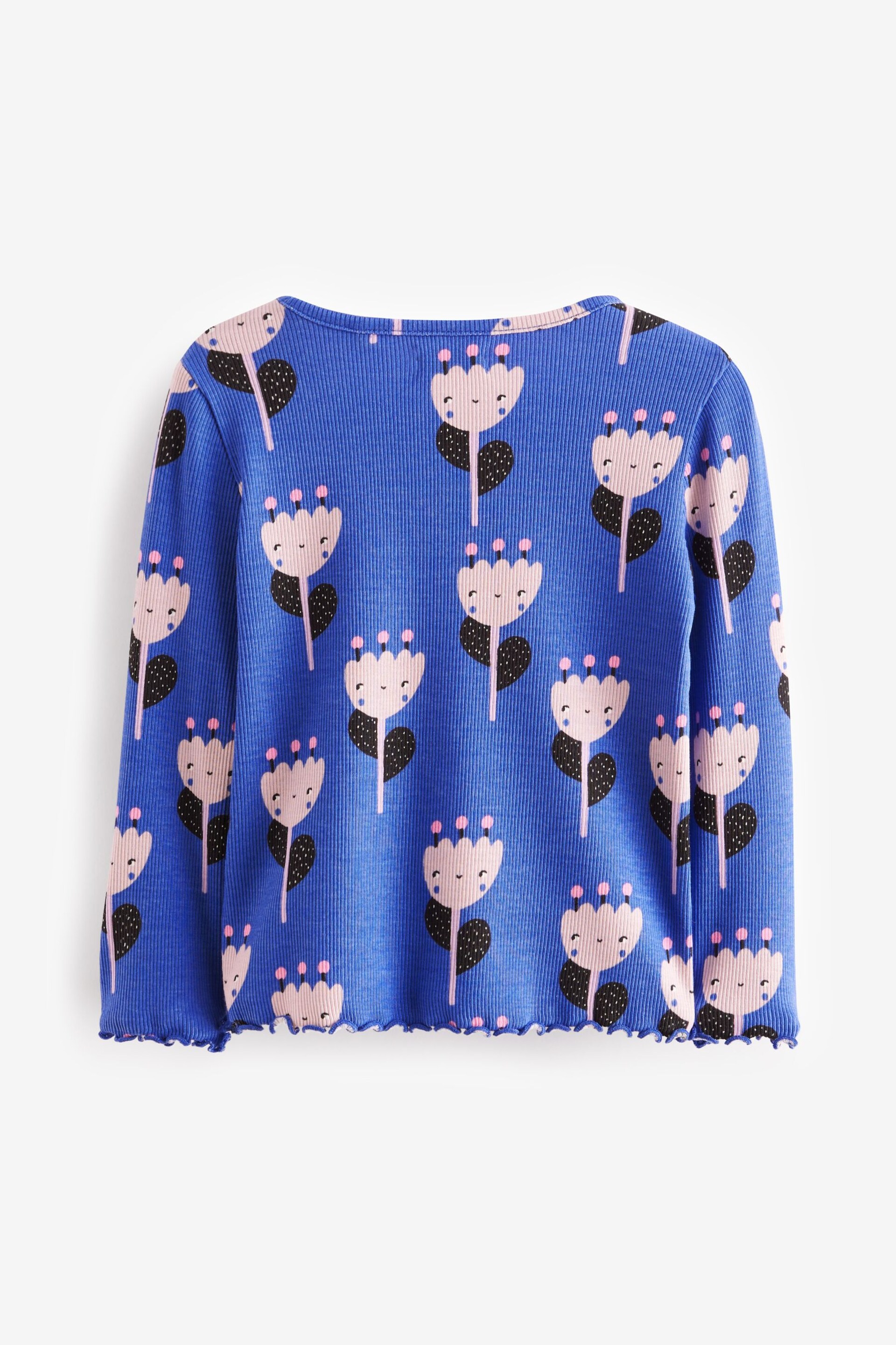 Blue Pink Flower T-Shirt Cotton-Rich Long Sleeve Rib T-Shirt (3mths-7yrs) - Image 4 of 5