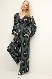 Khaki Green Animal Print Maternity Plissé Jumpsuit - Image 1 of 7