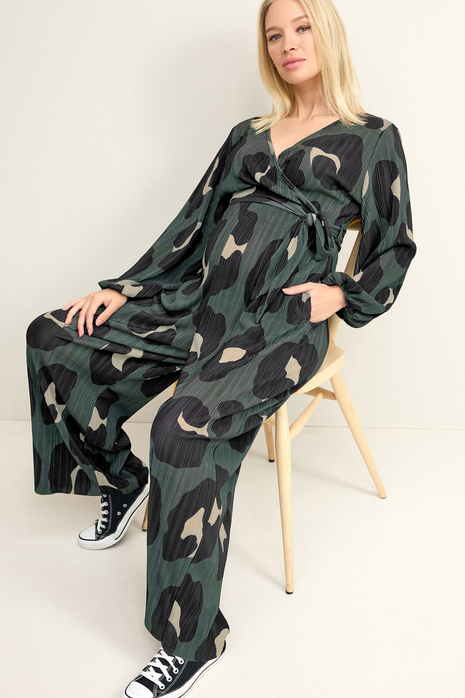 Khaki Green Animal Print Maternity Plissé Jumpsuit - Image 2 of 7