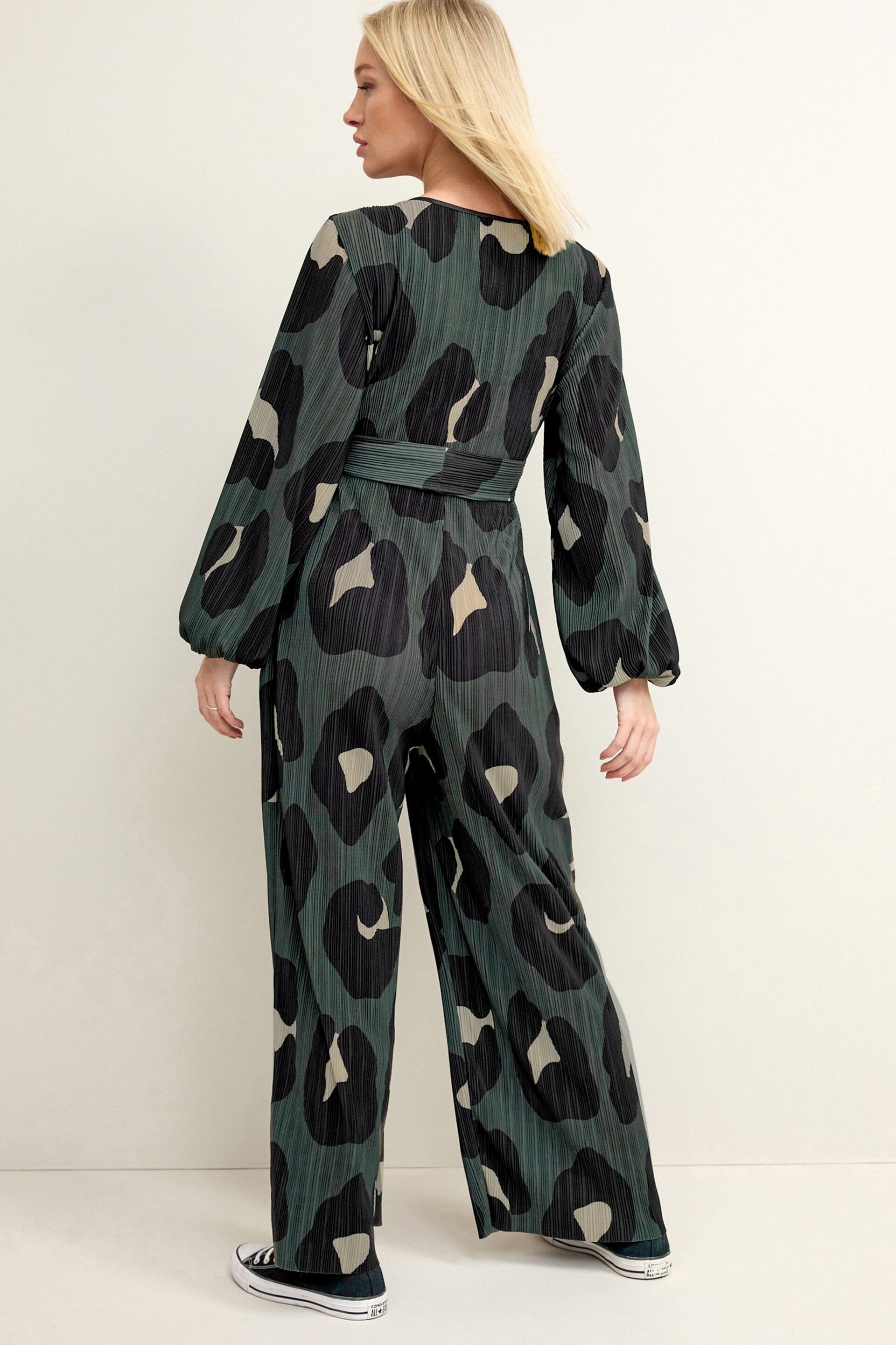 Khaki Green Animal Print Maternity Plissé Jumpsuit - Image 3 of 7