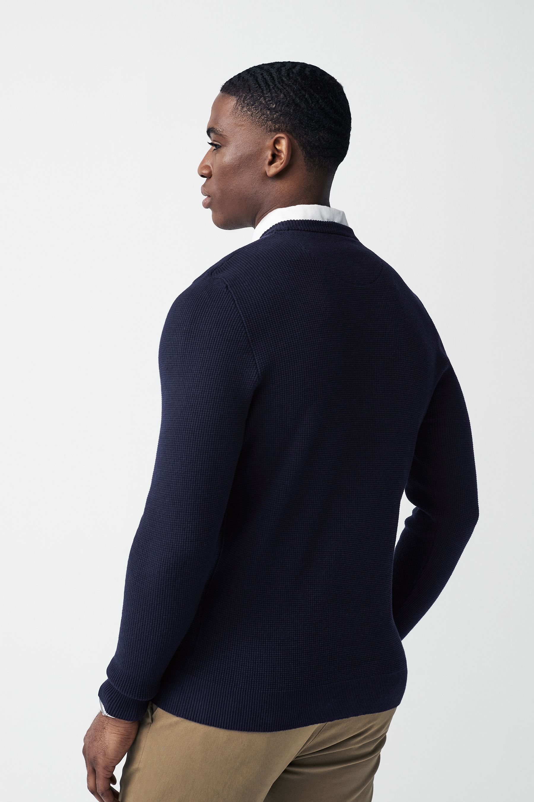 Navy Blue Oxford Crew Neck Regular Mock Shirt Jumper