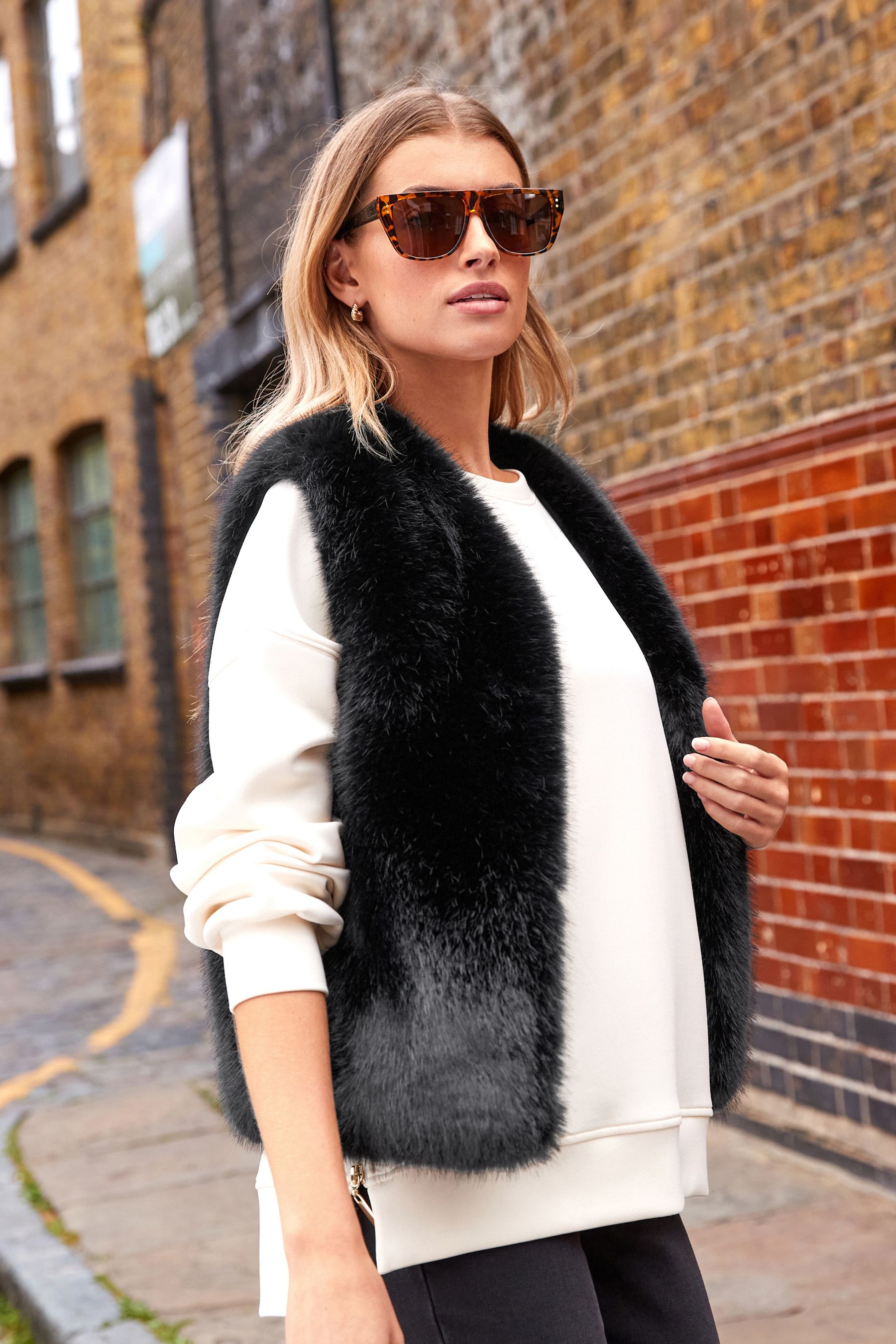 Black fur gilets womens sales