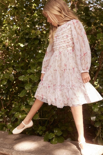 Laura Ashley White/Pink Long Sleeve Frill Mesh Dress