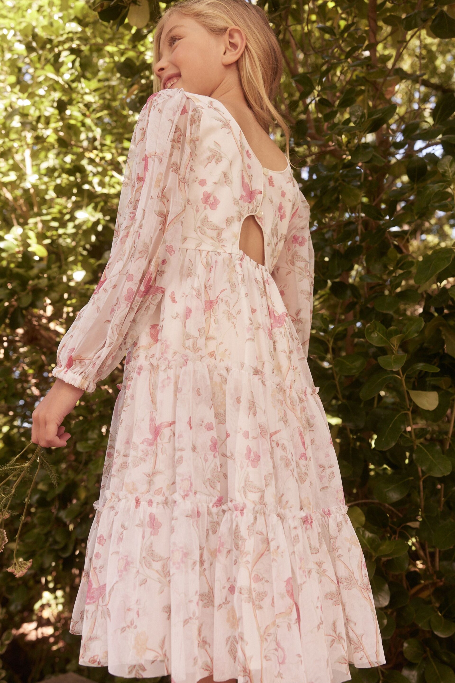 Laura Ashley White/Pink Long Sleeve Frill Mesh Dress - Image 4 of 8
