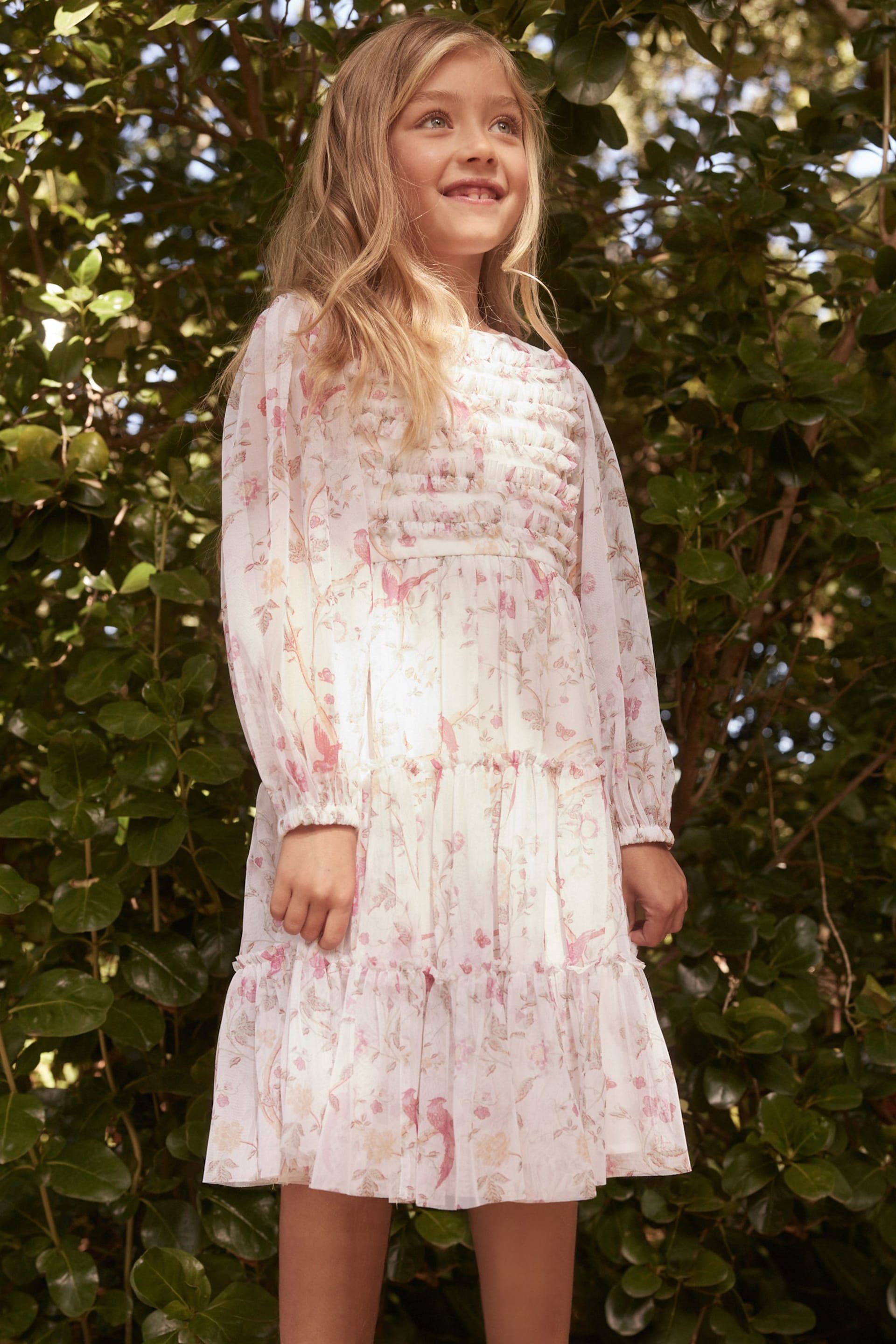 Laura Ashley White/Pink Long Sleeve Frill Mesh Dress - Image 5 of 8