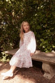 Laura Ashley White/Pink Long Sleeve Frill Mesh Dress - Image 8 of 8