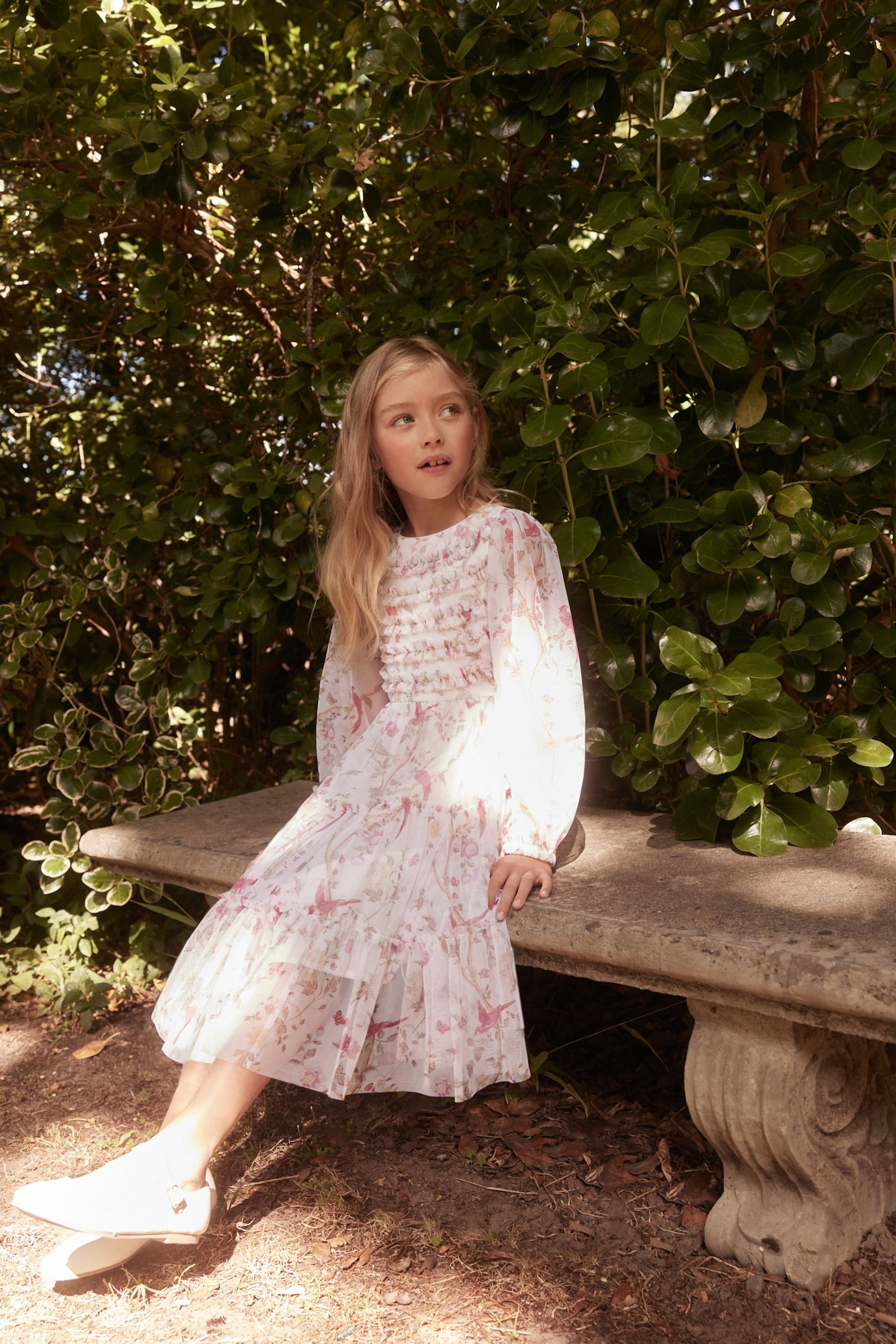 Laura Ashley White/Pink Long Sleeve Frill Mesh Dress - Image 8 of 8