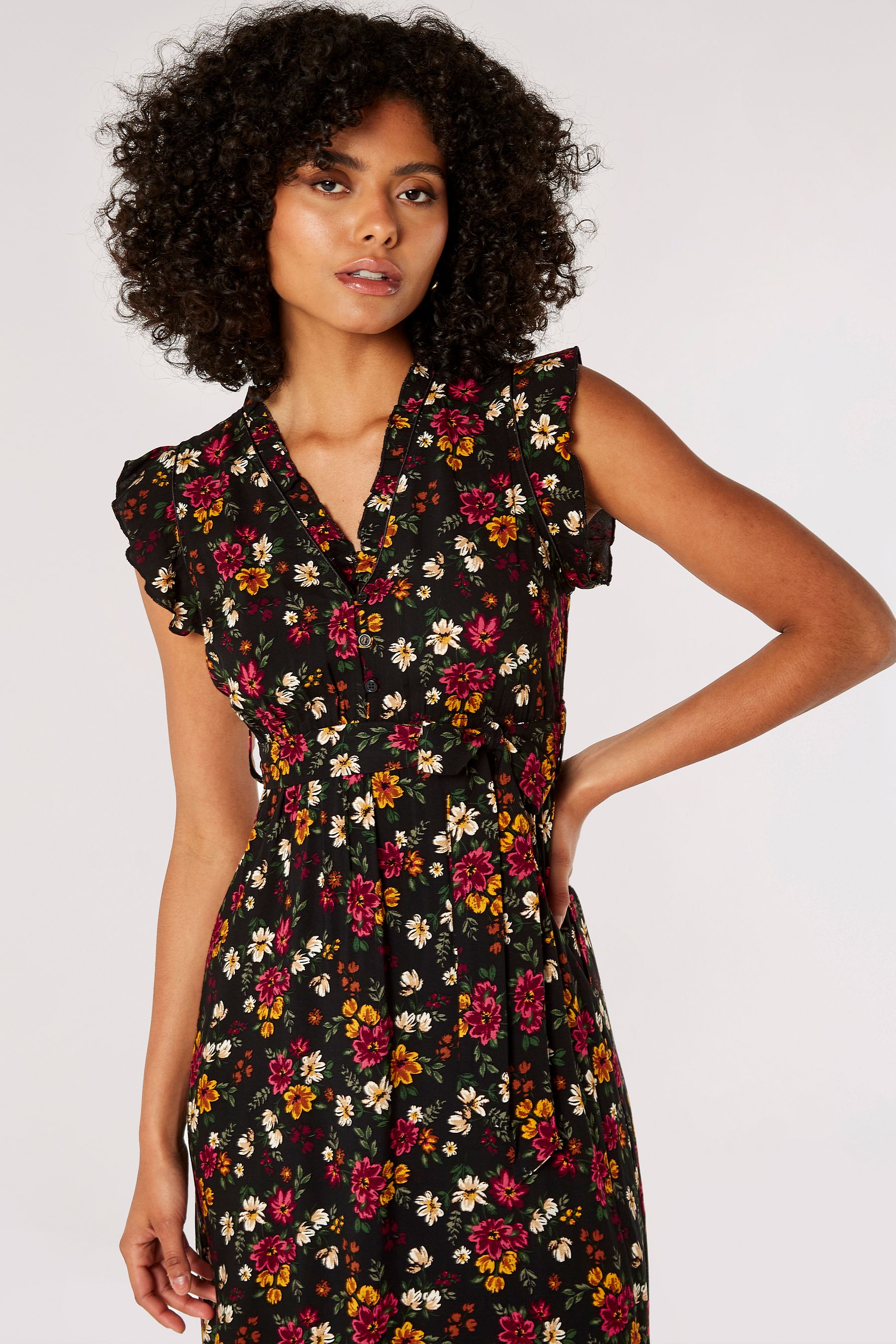 Apricot Black Brushstroke Floral Midi Dress