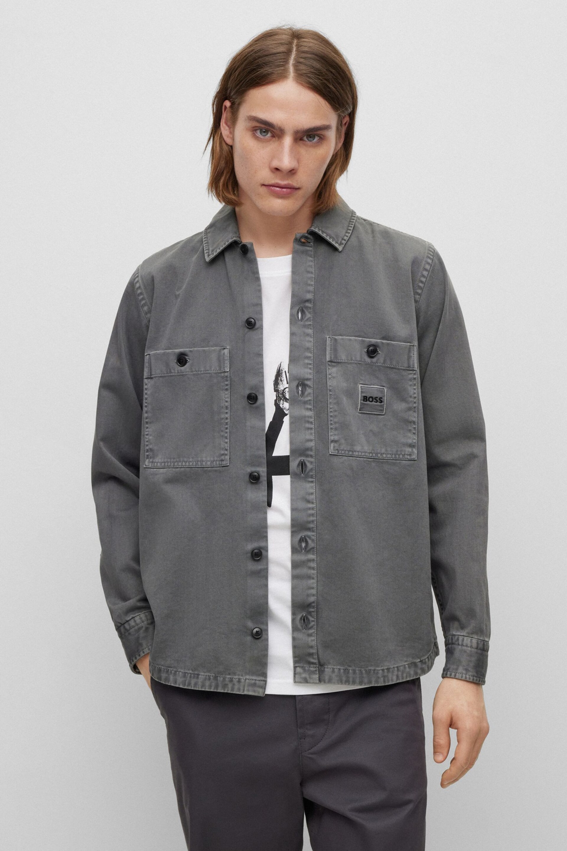 BOSS Grey Garment Dyed Twill Overshirt - Image 1 of 6