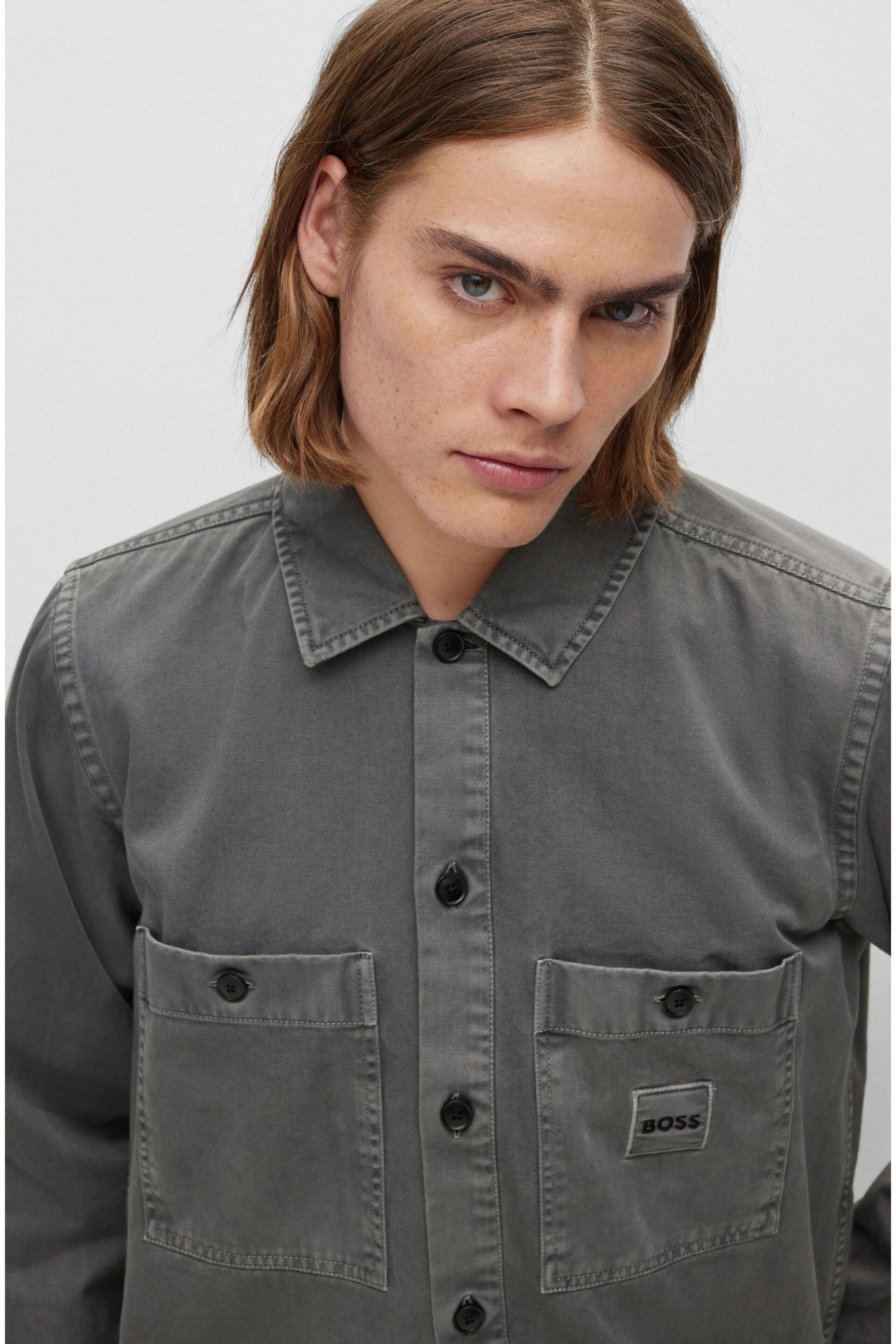 BOSS Grey Garment Dyed Twill Overshirt - Image 4 of 6