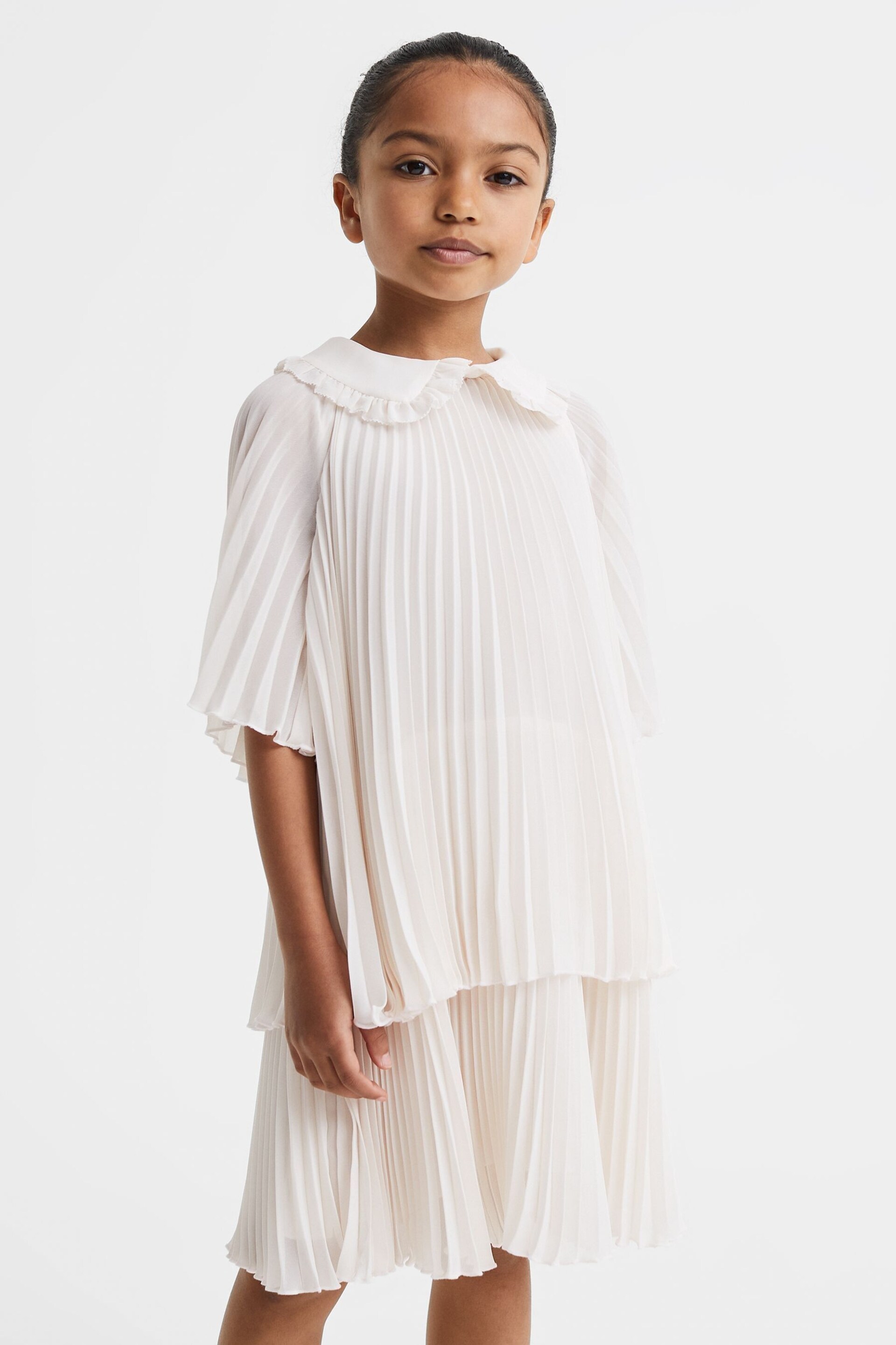 Reiss Ivory Nadia Senior Pleated Collared Tiered Dress - Image 1 of 7