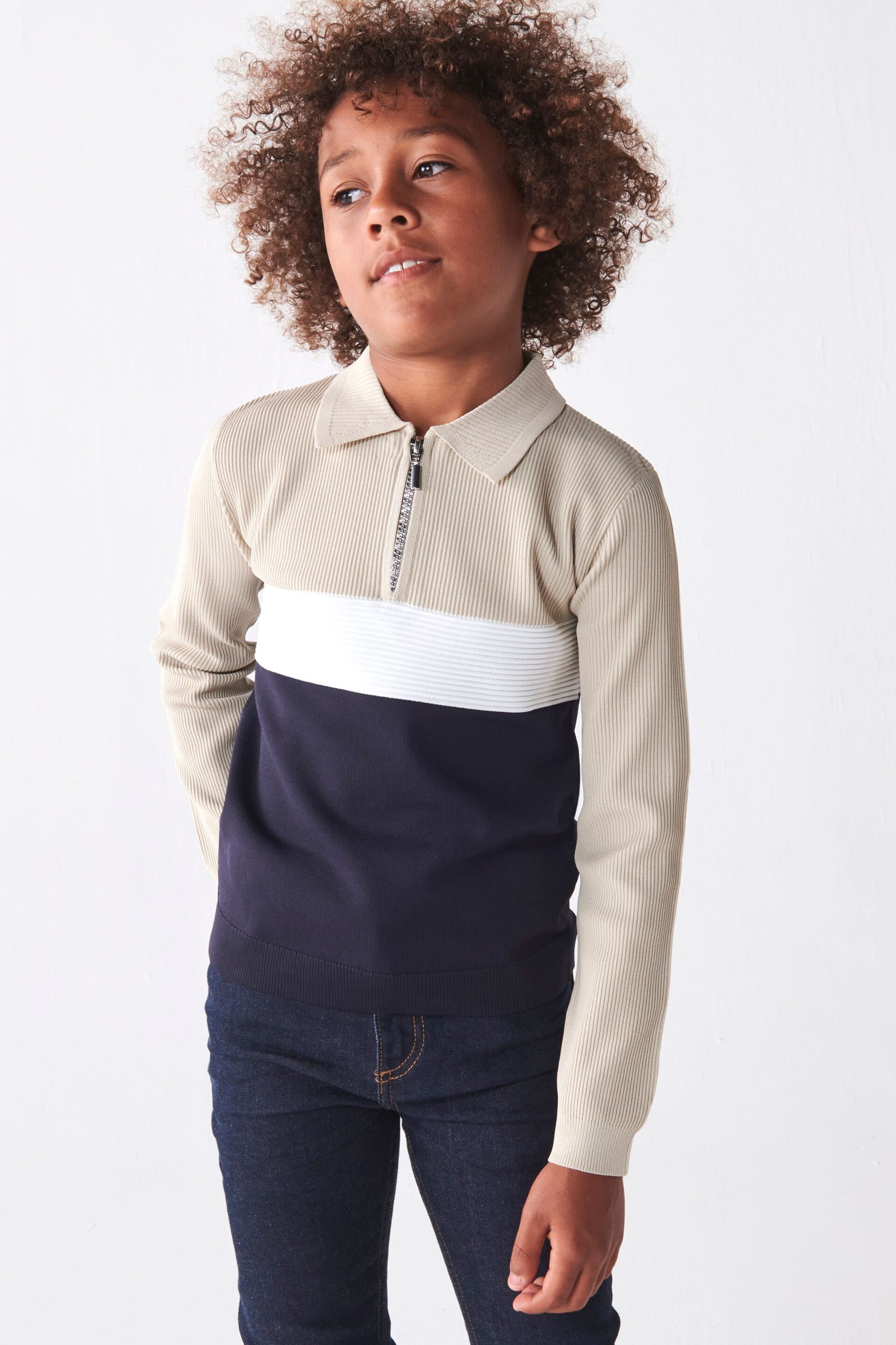 River Island Blue Boys Blocked Stitch Polo Jumper - Image 1 of 5