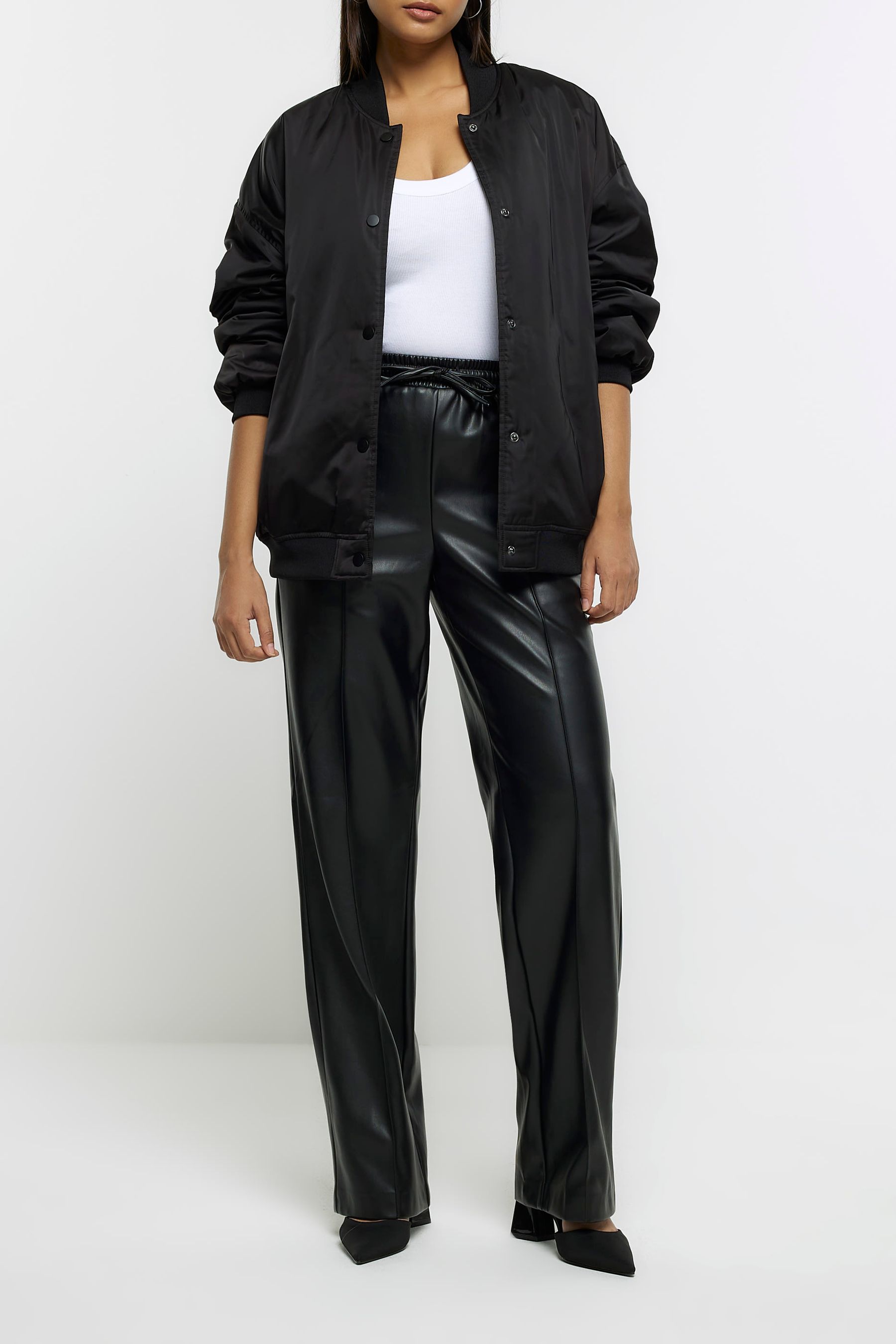 Buy River Island Black Faux Leather Elasticated Waist Wide Leg Trousers from Next Luxembourg