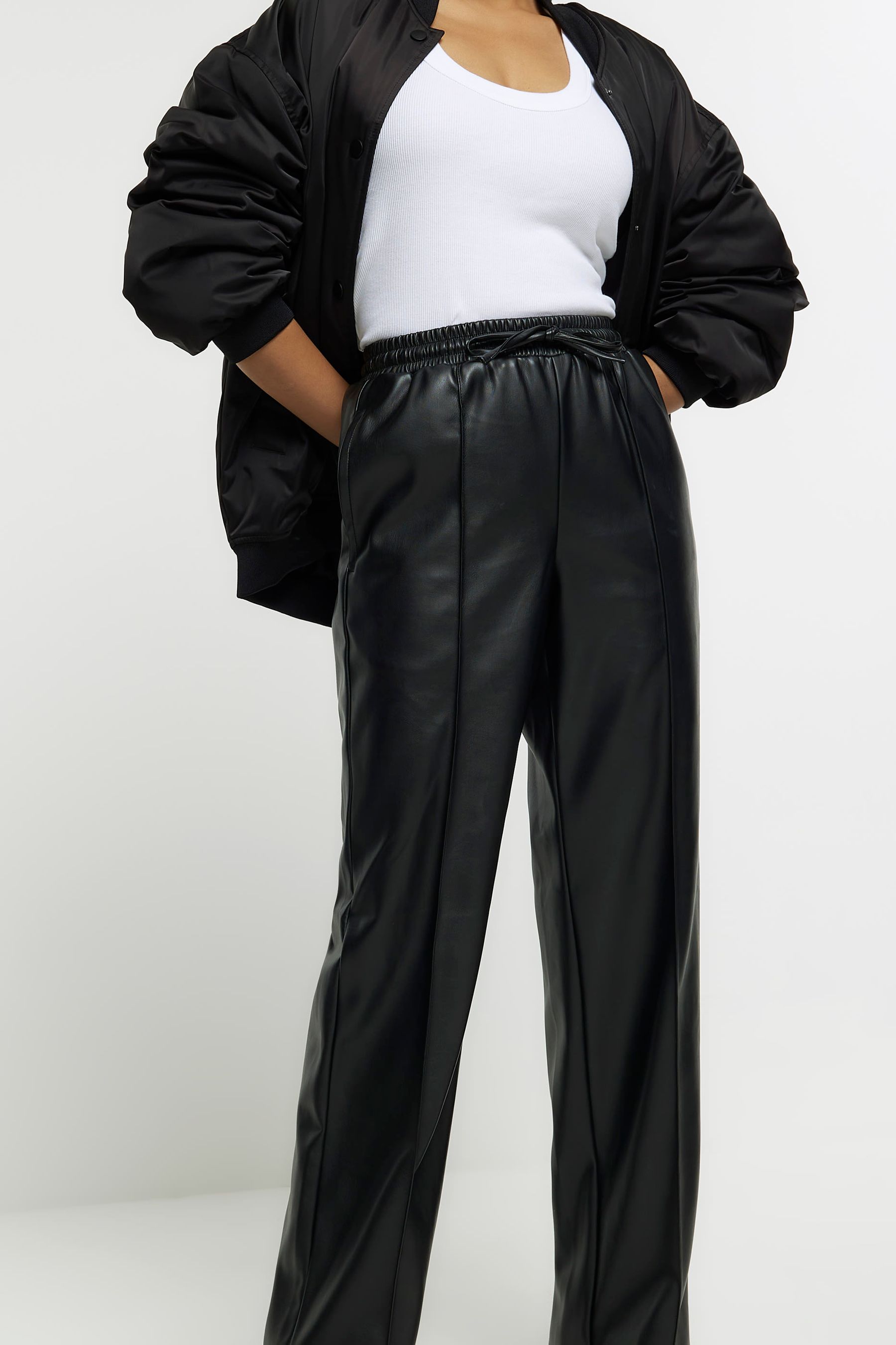 Buy River Island Black Faux Leather Elasticated Waist Wide Leg Trousers from Next Luxembourg