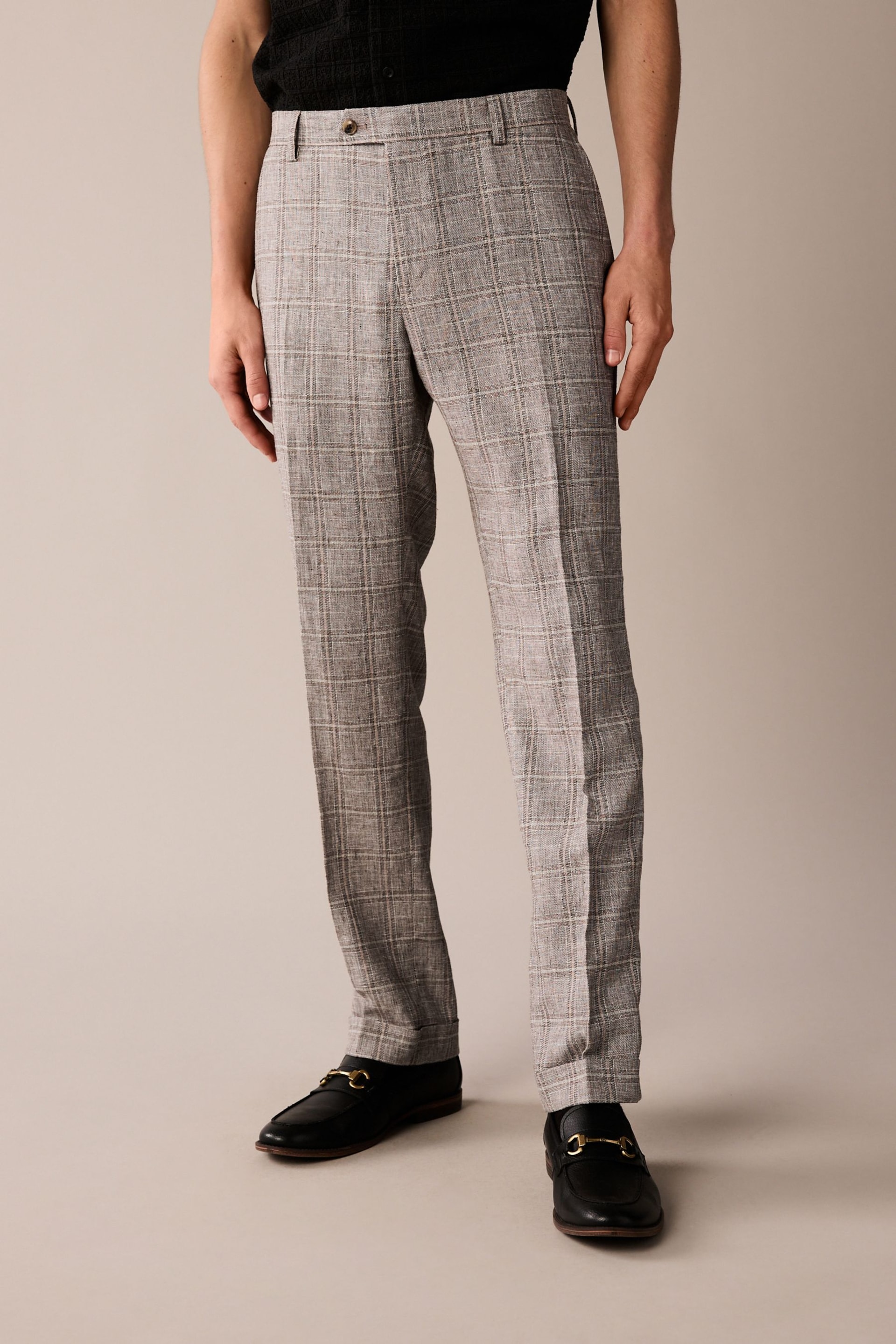 Neutral Tailored Fit Linen Check Suit: Trousers - Image 1 of 9