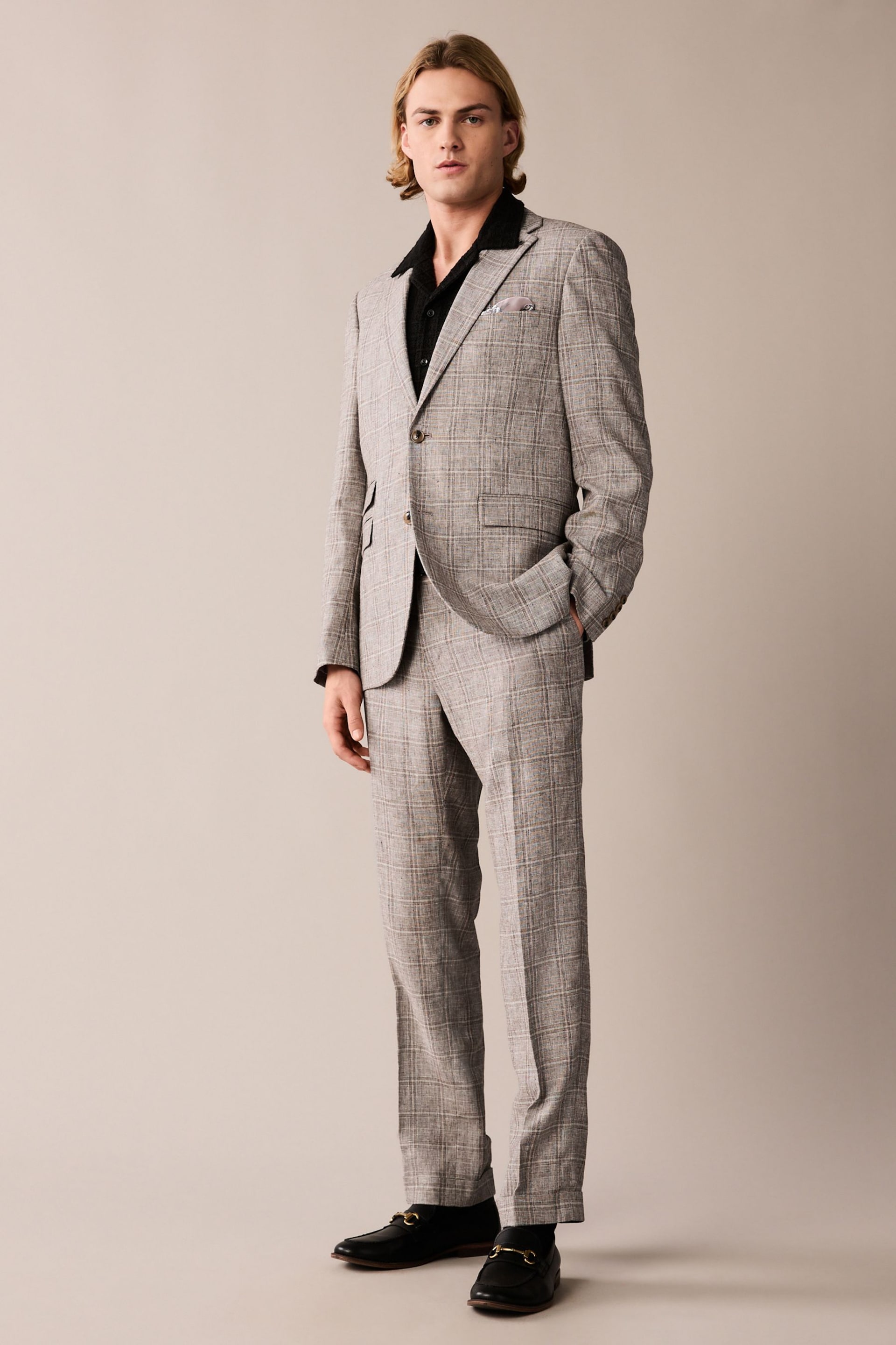 Neutral Tailored Fit Linen Check Suit: Trousers - Image 2 of 9