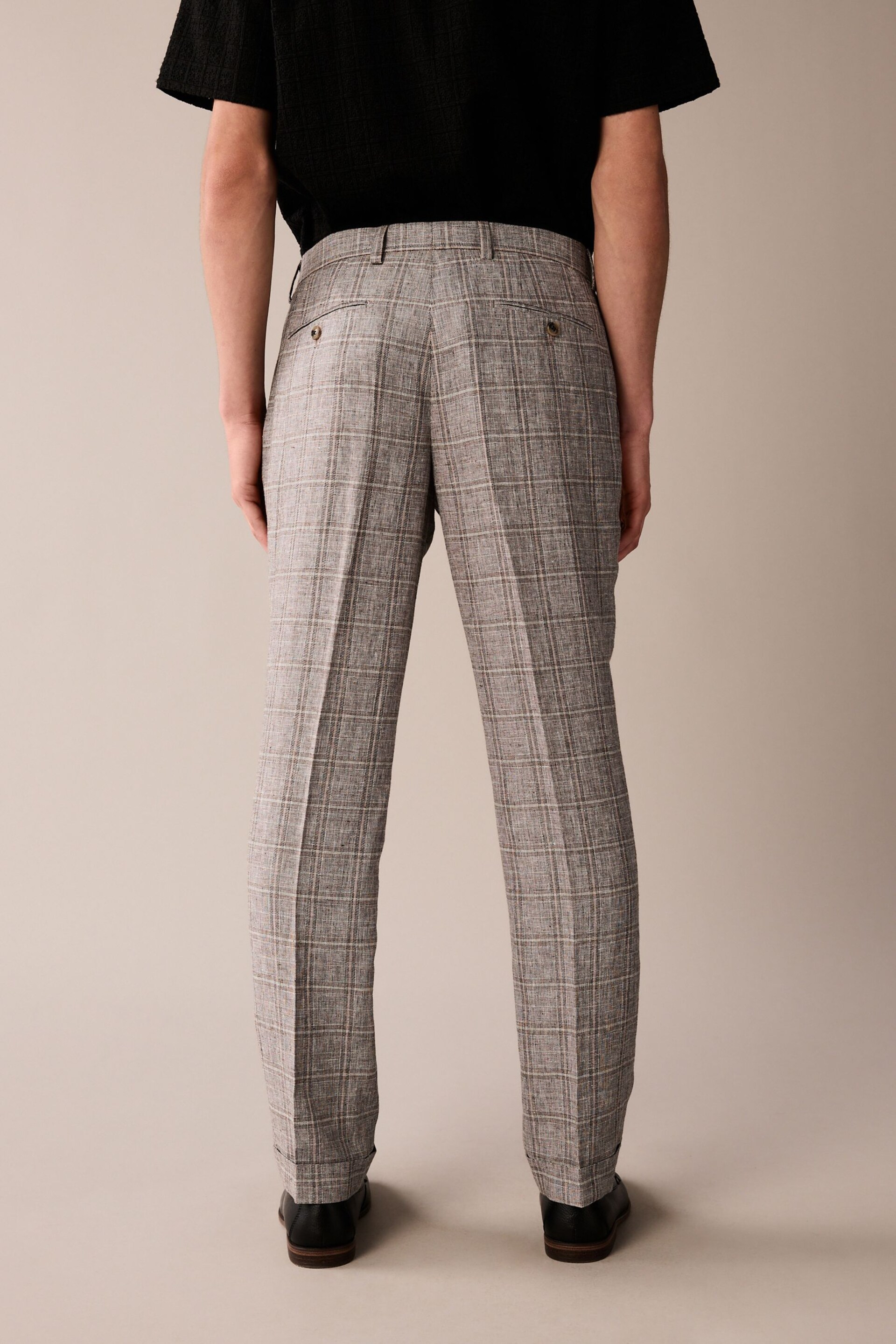 Neutral Tailored Fit Linen Check Suit: Trousers - Image 3 of 9