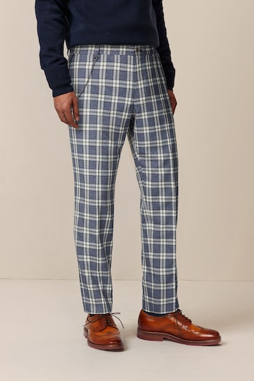 Blue and White Slim Fit Check Smart Trousers
