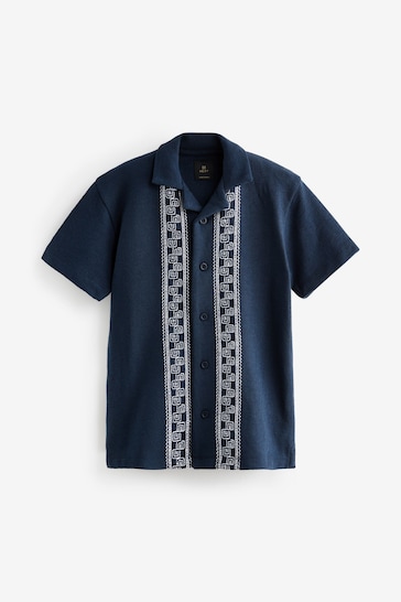 Navy Blue Embroidered Short Sleeve Shirt (3-16yrs)