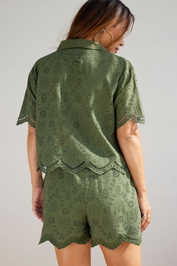 Myleene Klass Khaki Green Broderie Short Sleeve Coord Shirt