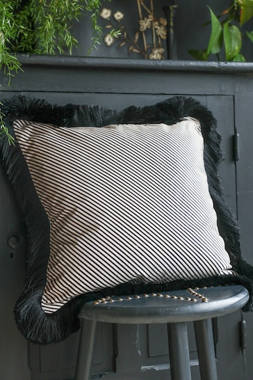 Rockett St George Sand Stripe Velvet Fringe Feather Filled Cushion