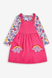 JoJo Maman Bébé Raspberry Pink Dino Girls' 2-Piece Appliqué Pinafore Dress & Top Set - Image 1 of 6