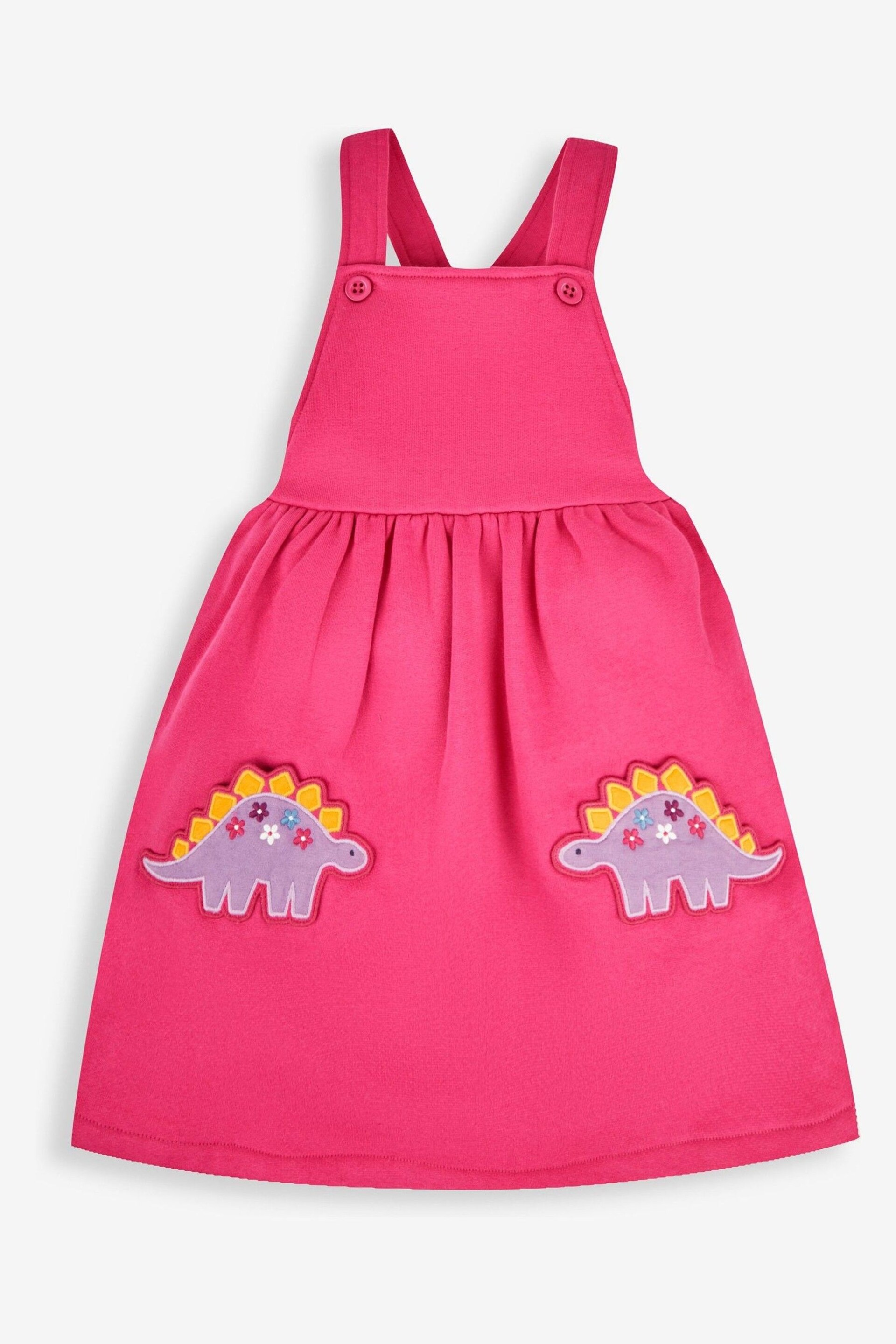 JoJo Maman Bébé Raspberry Pink Dino Girls' 2-Piece Appliqué Pinafore Dress & Top Set - Image 3 of 6