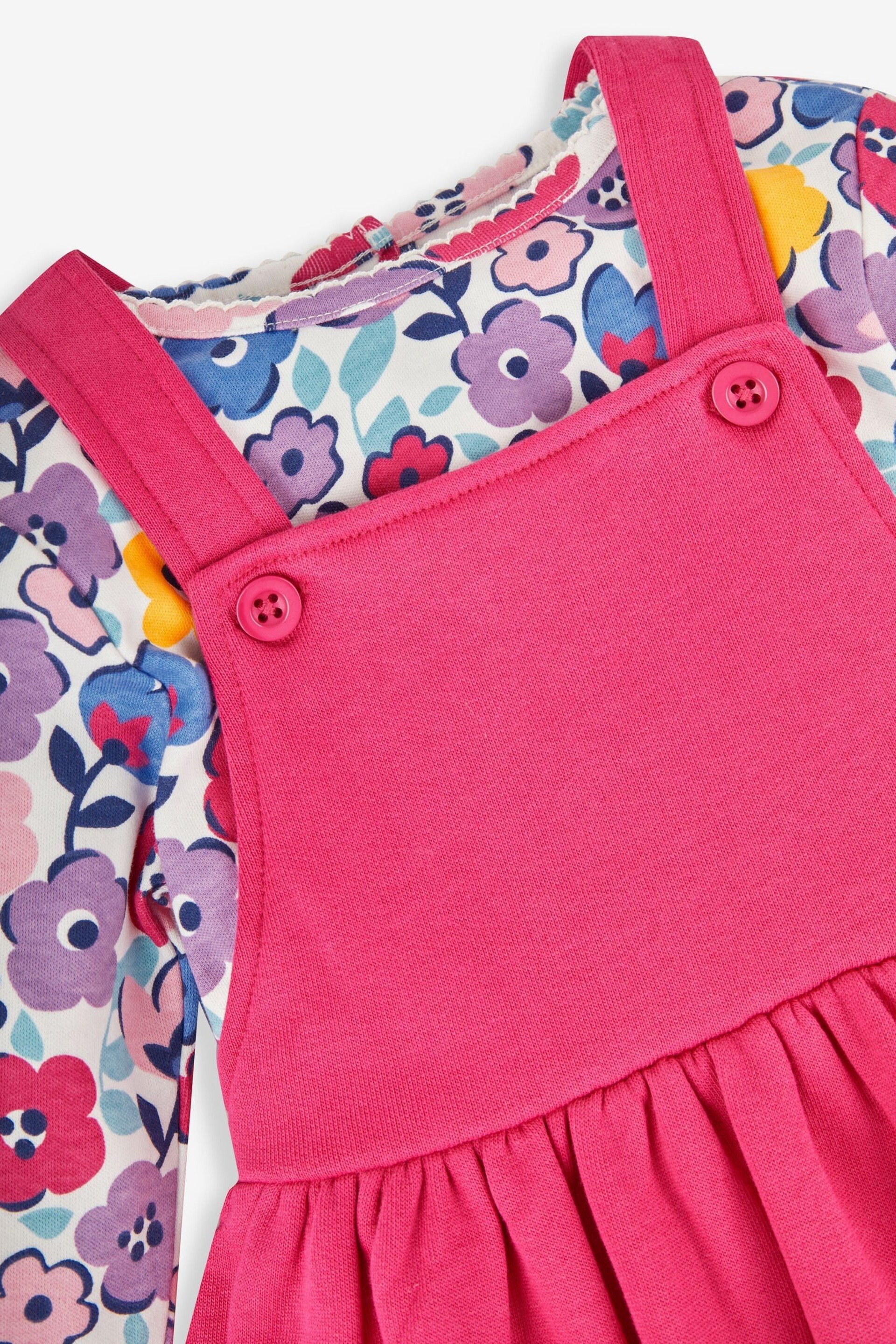 JoJo Maman Bébé Raspberry Pink Dino Girls' 2-Piece Appliqué Pinafore Dress & Top Set - Image 5 of 6