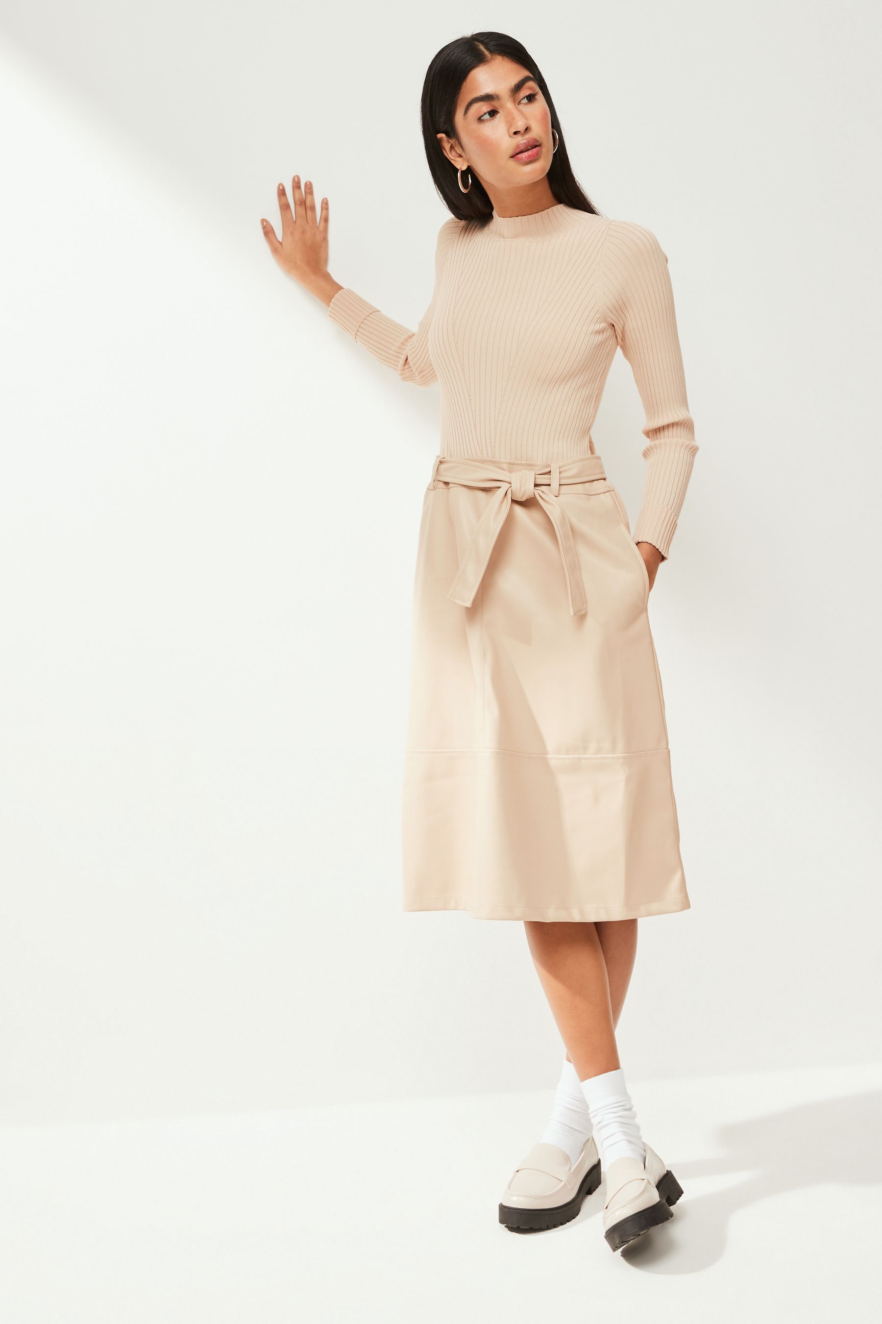 Buy Neutral 2 In 1 High Neck Faux Leather PU Mix Belted Jumper Dress from Next Luxembourg