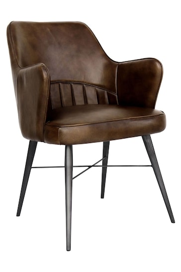 K Interiors Brown Sawley Geniune Leather & Iron Carver Dining Chair
