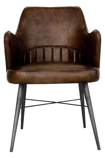 K Interiors Brown Sawley Geniune Leather & Iron Carver Dining Chair