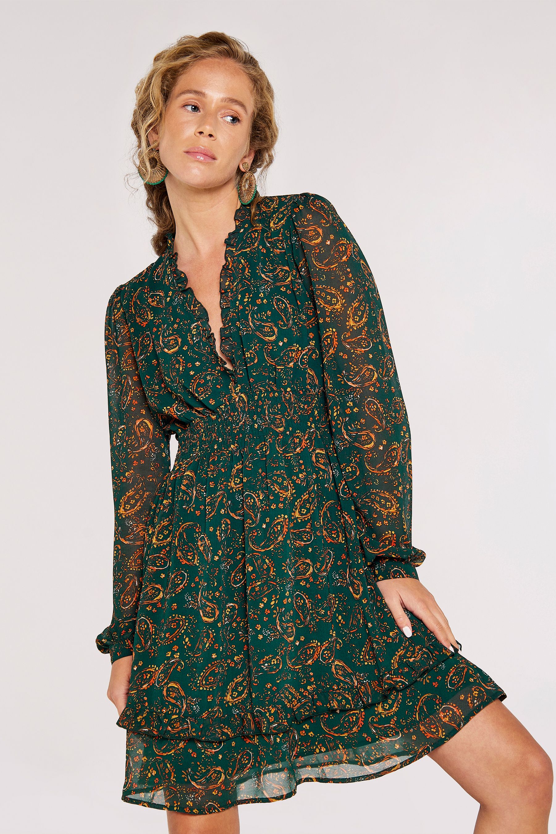 Buy Apricot Green Painterly Paisley Smock Frill Dress from the