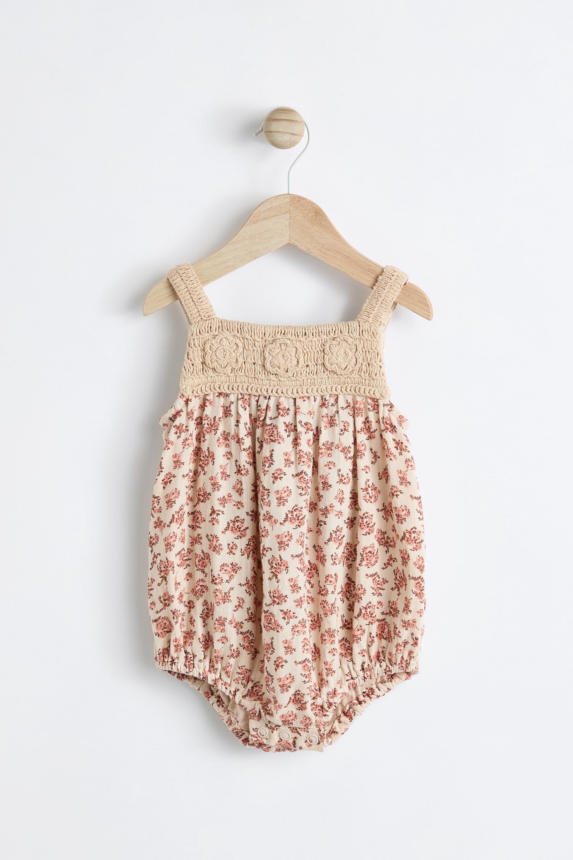 Rust Brown/ Cream Floral Baby Crochet Bloomer Romper (0mths-2yrs) - Image 3 of 8
