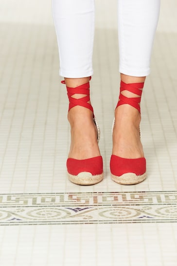 Sosandar Red Perla Closed Toe Espadrilles With Ankle Tie Suede