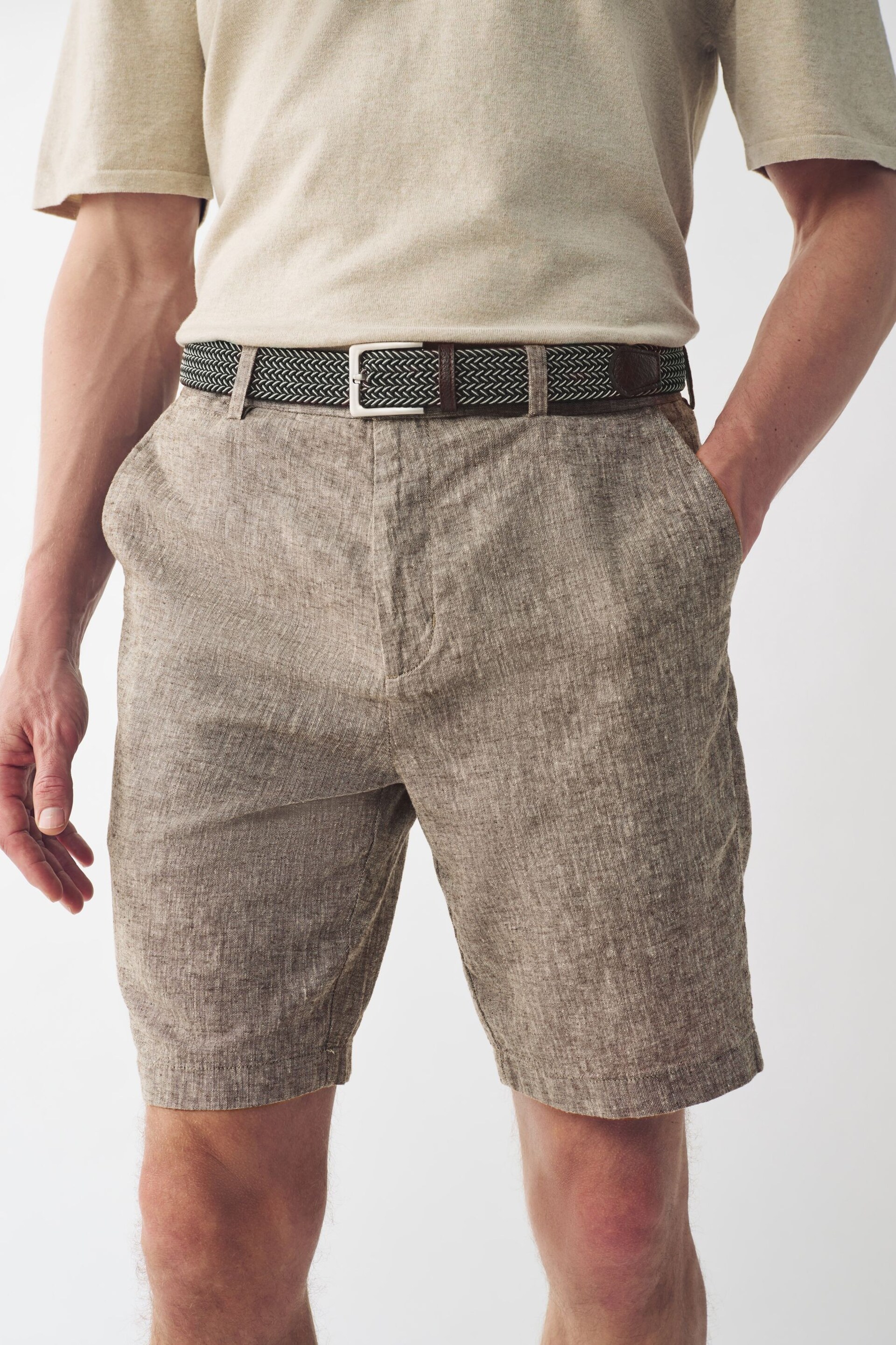 Brown Linen Cotton Chino Shorts with Belt Included - Image 1 of 10