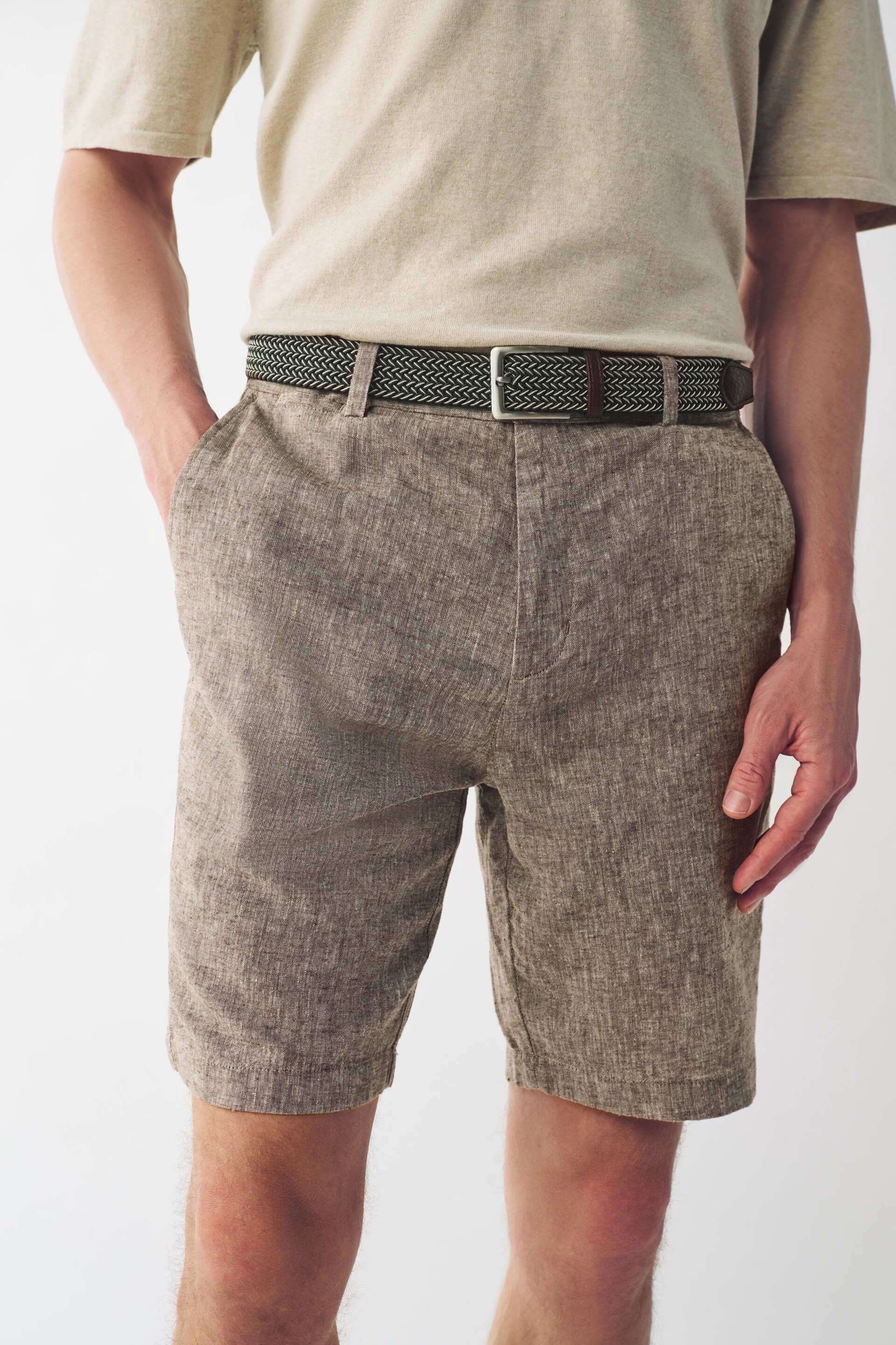 Brown Linen Cotton Chino Shorts with Belt Included - Image 2 of 10