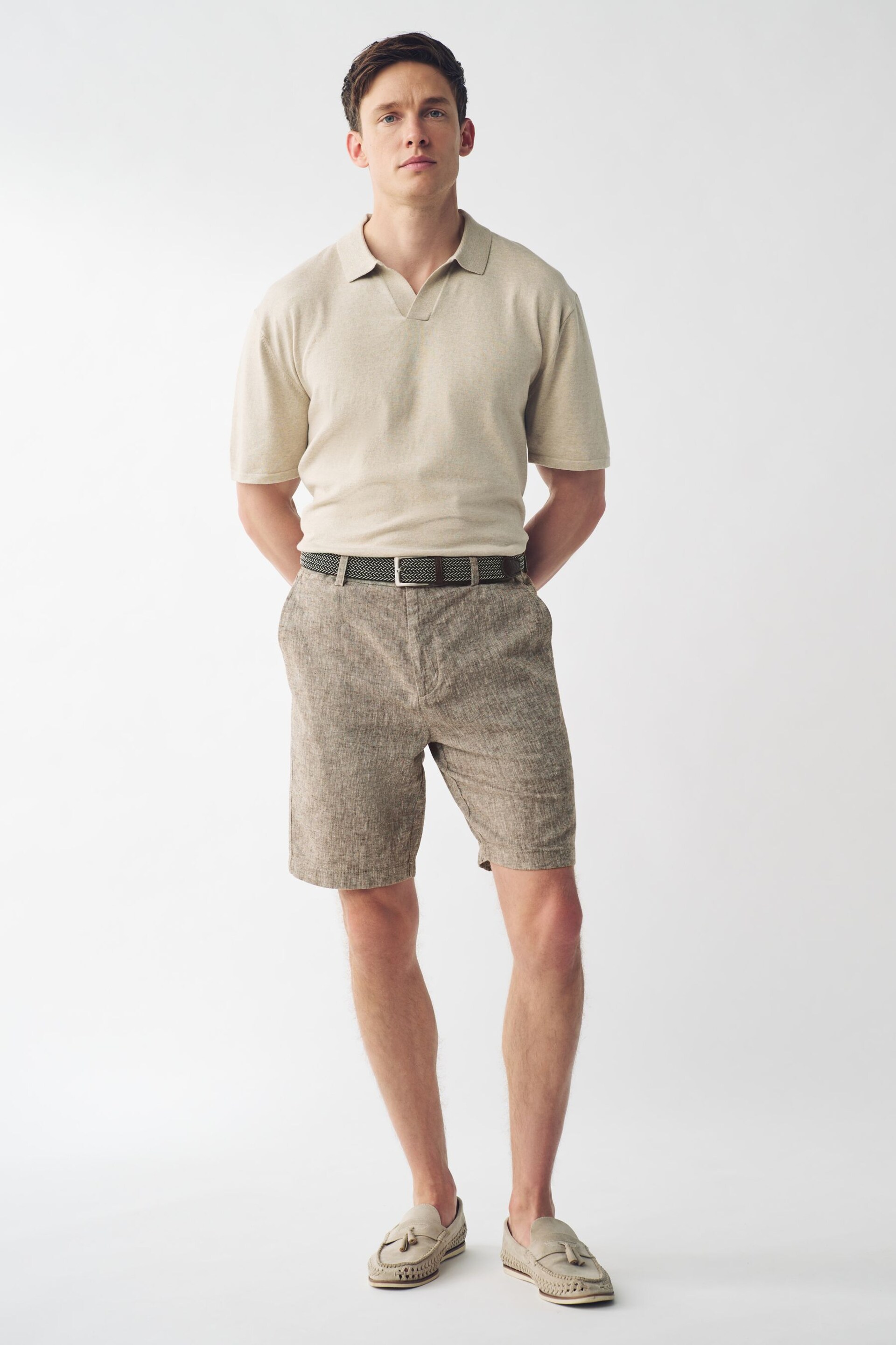 Brown Linen Cotton Chino Shorts with Belt Included - Image 3 of 10