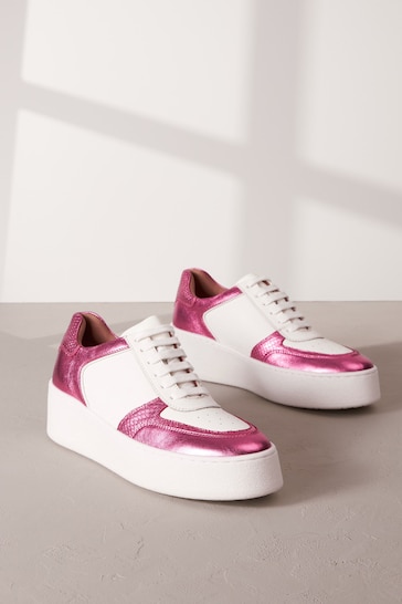 White/Pink Signature Leather Retro Chunky Wedge Platform Trainers