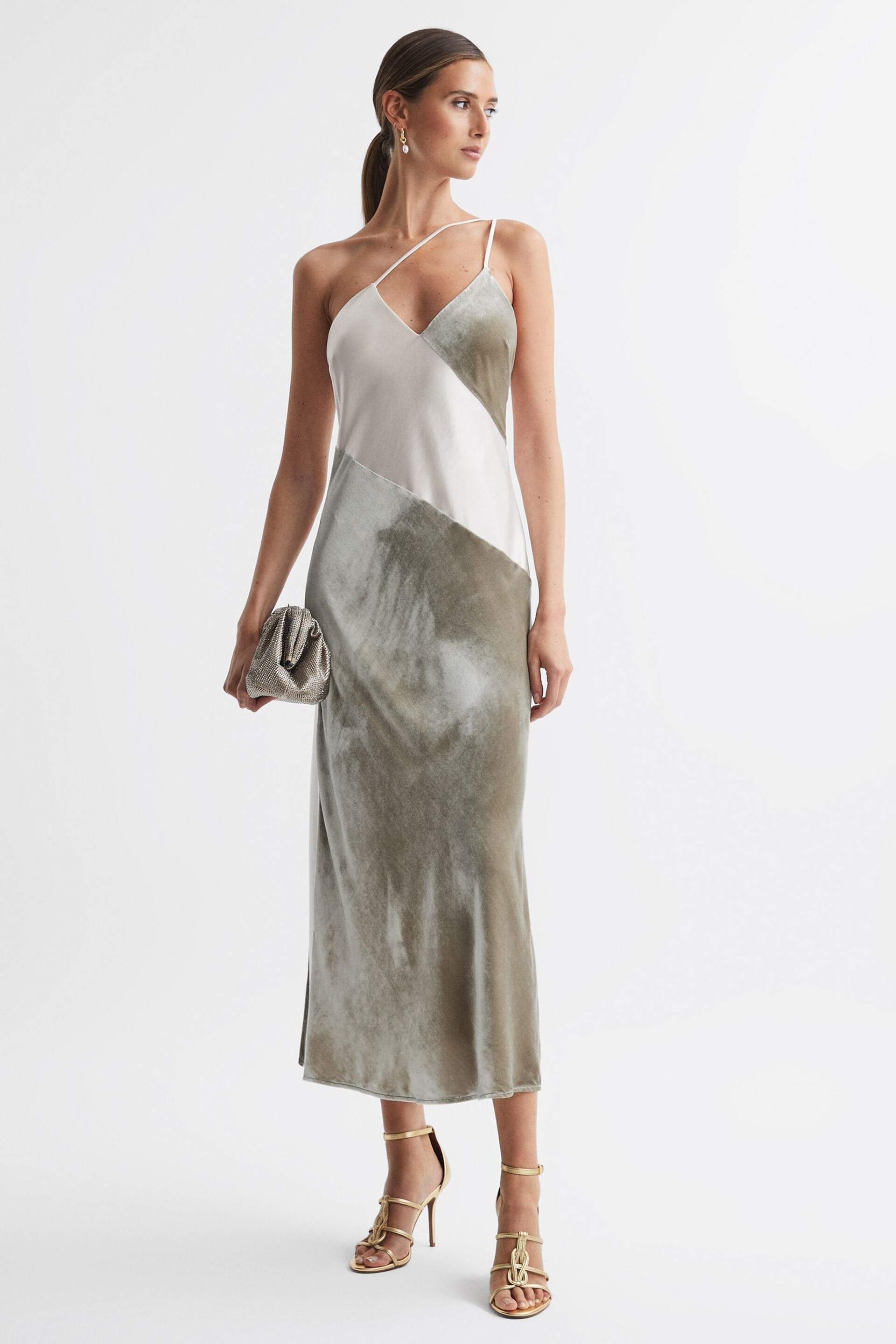 Reiss Silver Keeley Silk-Velvet Asymmetric Strap Midi Dress - Image 1 of 6