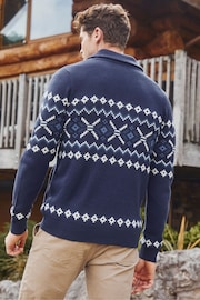 Threadbare Navy Fairisle Pattern Shawl Collar Knitted Cardigan - Image 3 of 4