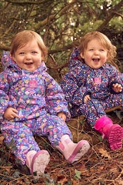 JoJo Maman Bébé Purple Bird Floral Cosy Waterproof Puddlesuit - Image 3 of 8