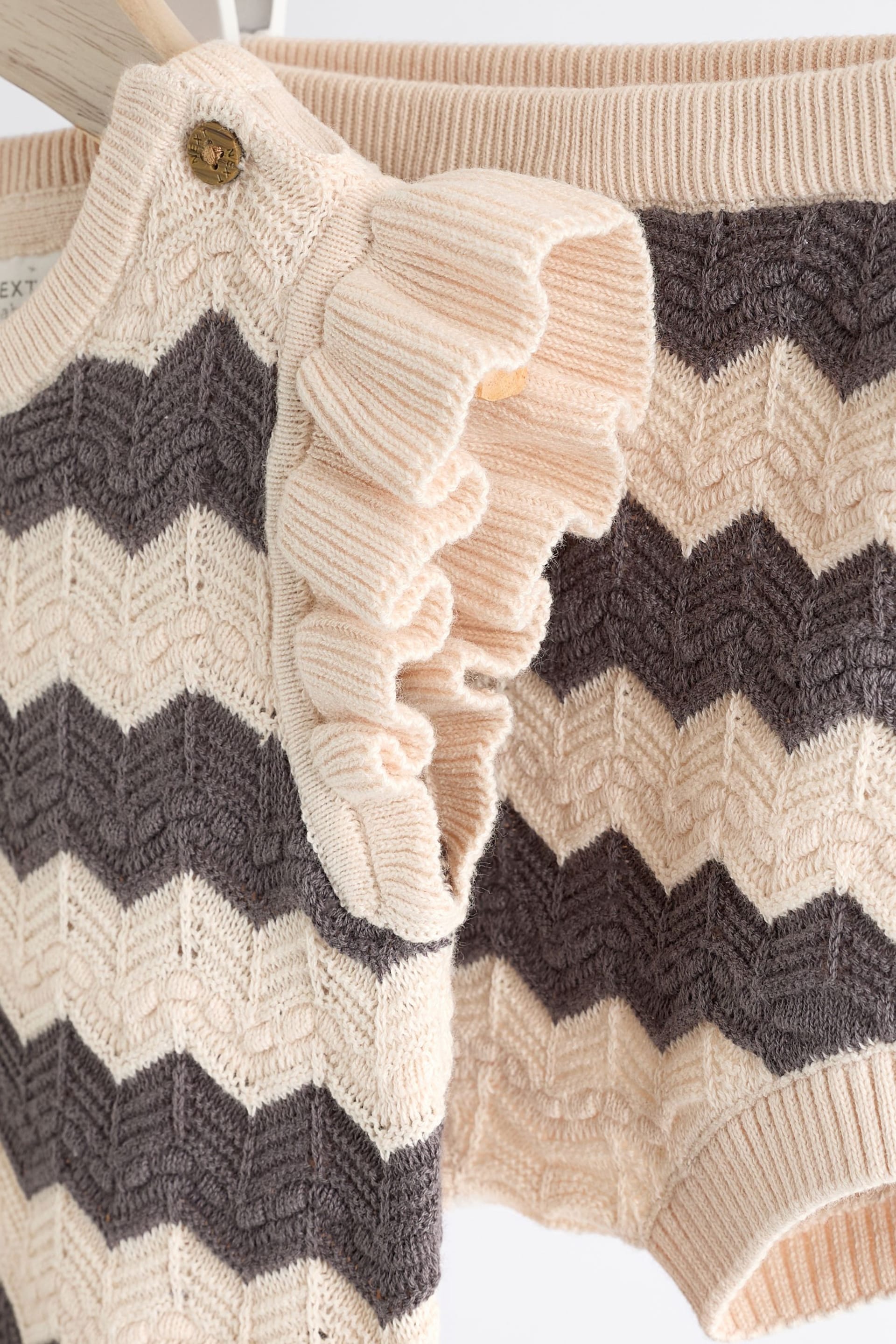 Tan/ Monochrome Zig Zag Stripe Baby Knitted Crochet Top And Shorts Set (0mths-2yrs) - Image 8 of 9