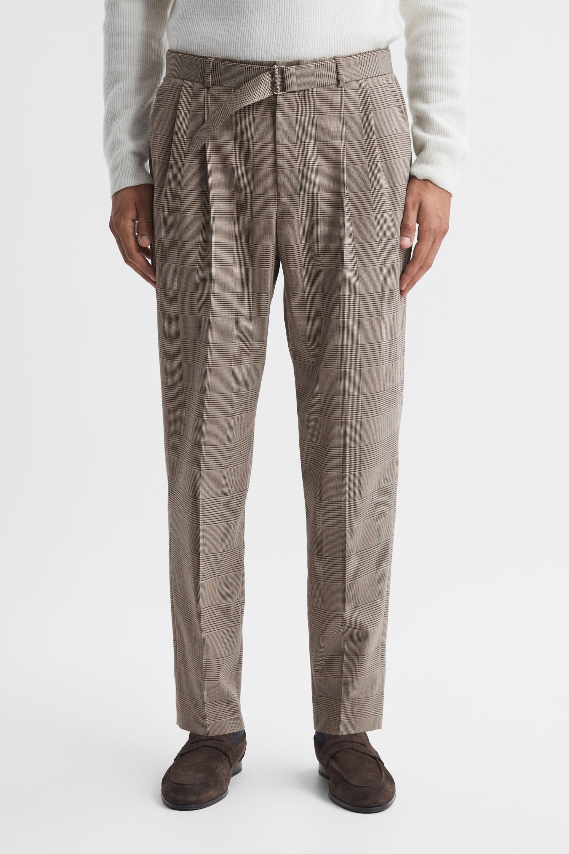 Reiss Brown Rail Prince of Wales Check Belted Trousers - Image 1 of 5