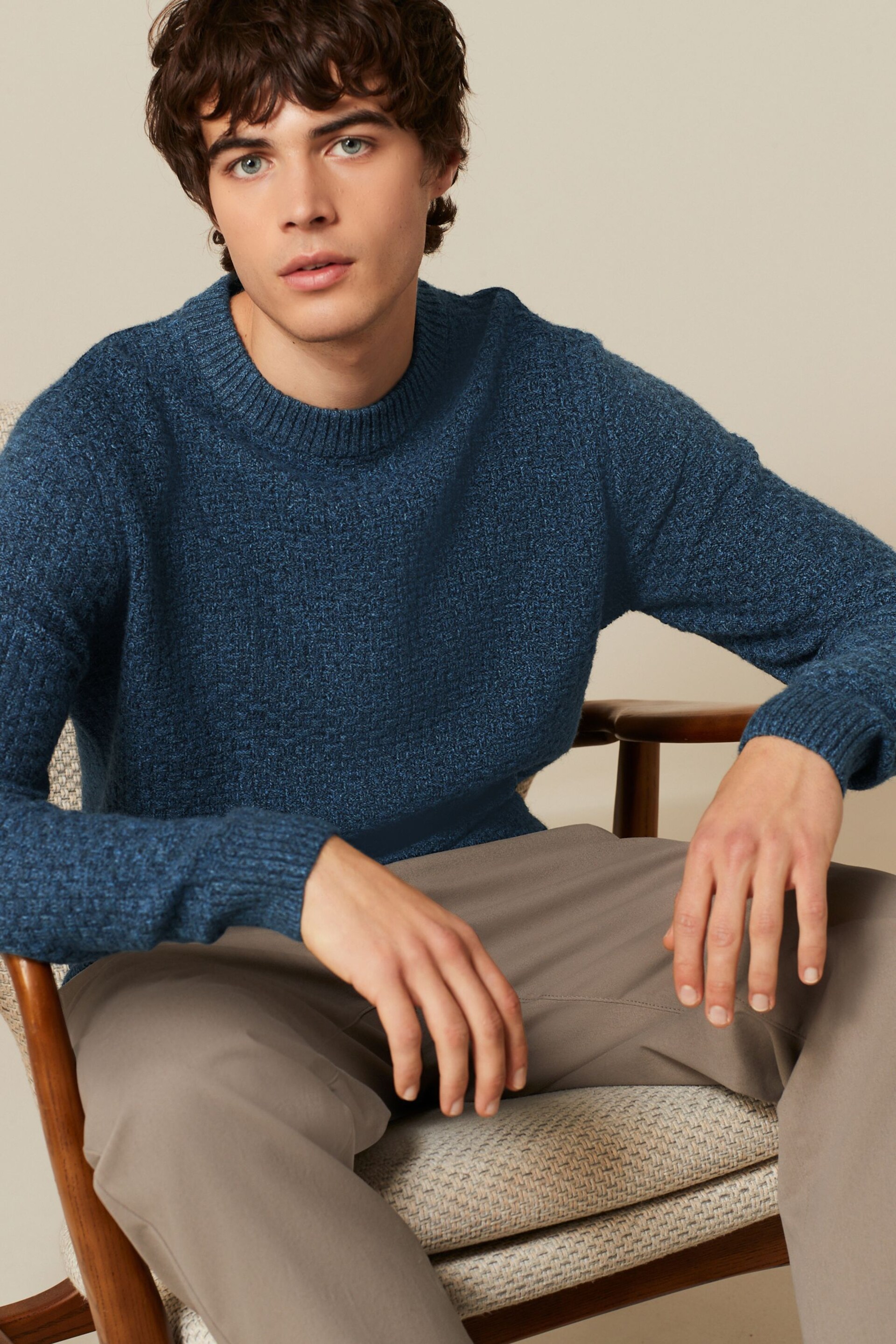 Navy Blue Basket Textured Regular Crew Neck Jumper - Image 3 of 6